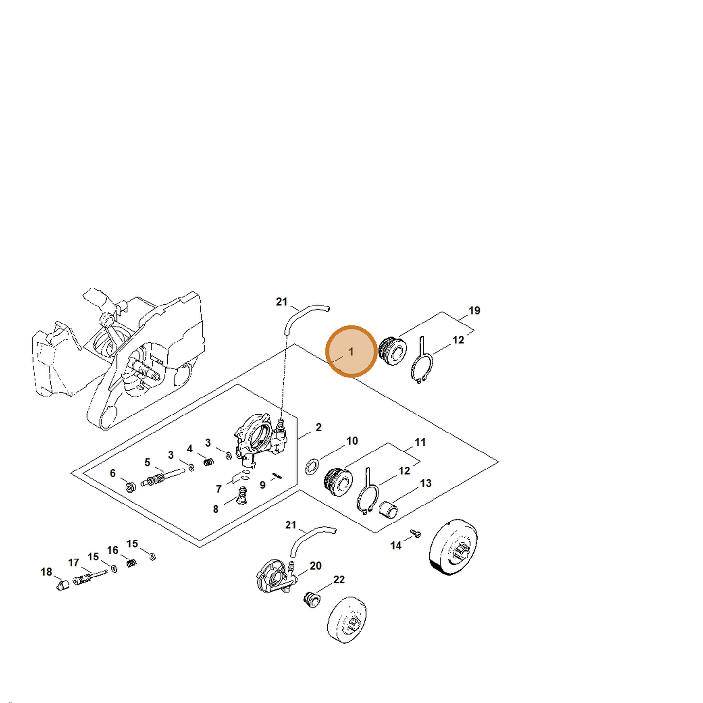 STIHL part 1121-007-1043 — IPL diagram snippet (6x zoom, amber highlight)