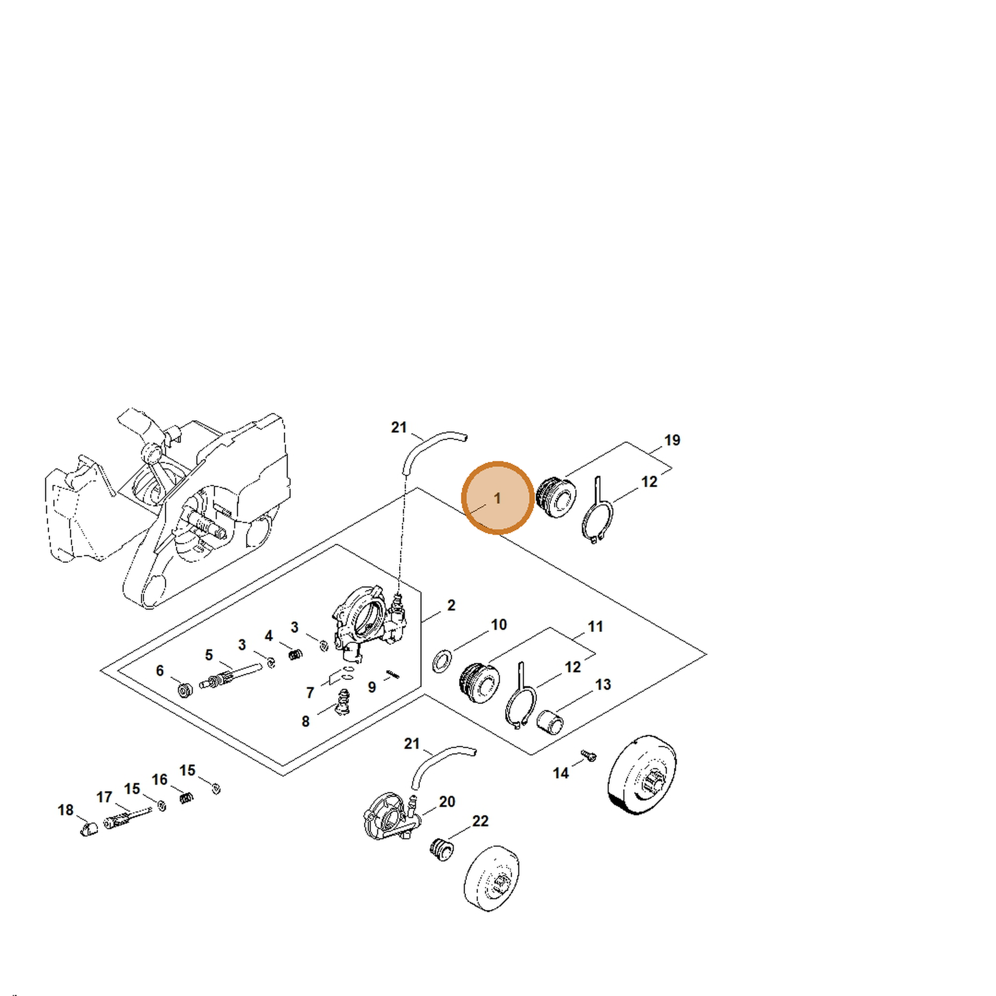 STIHL part 1121-007-1043 — IPL diagram snippet (6x zoom, amber highlight)