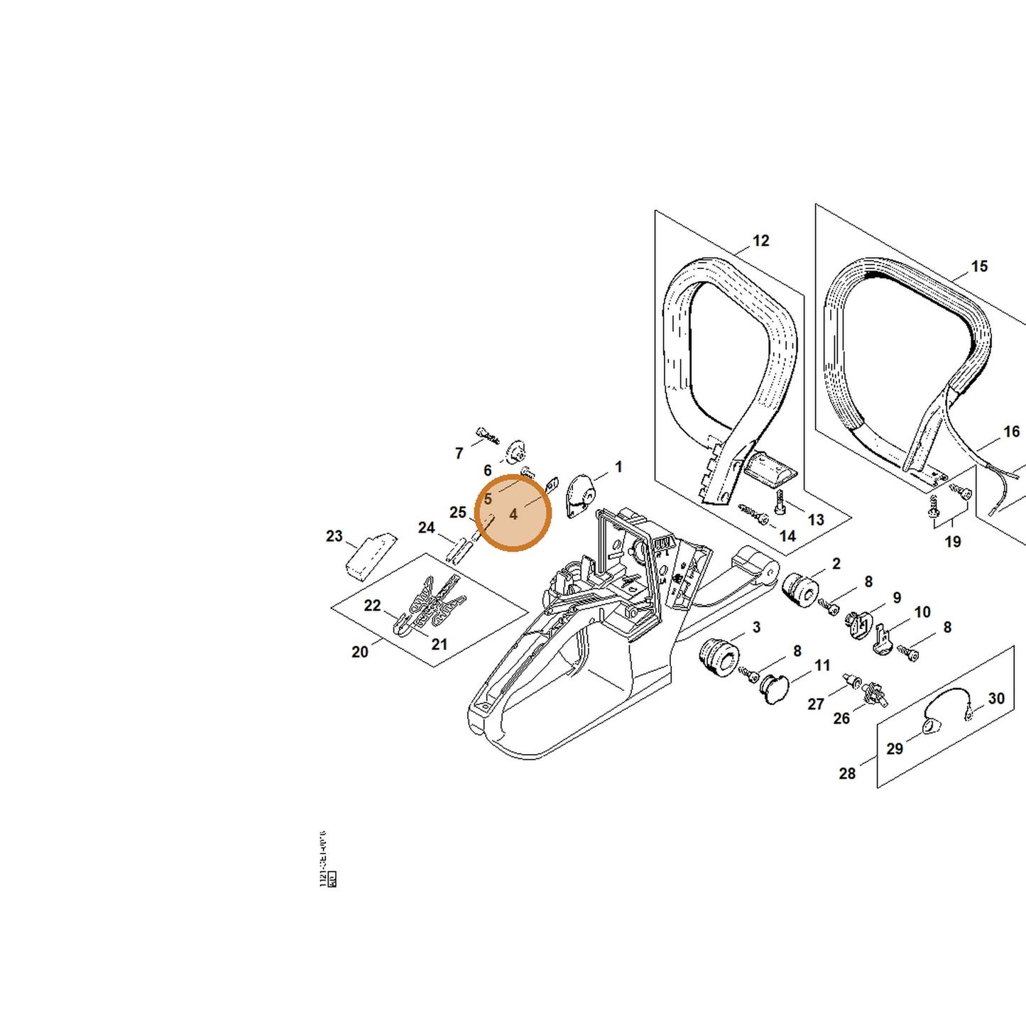 STIHL part 1121-021-3800 — IPL diagram snippet (6x zoom, amber highlight)