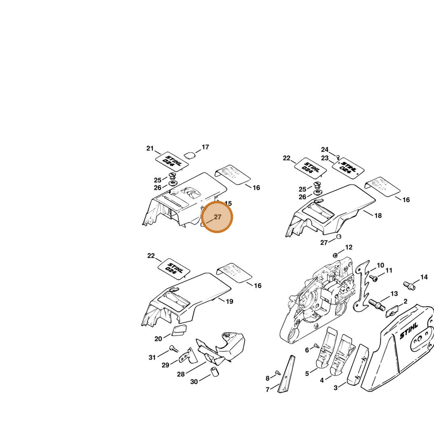 STIHL part 1121-084-7100 — IPL diagram snippet (6x zoom, amber highlight)