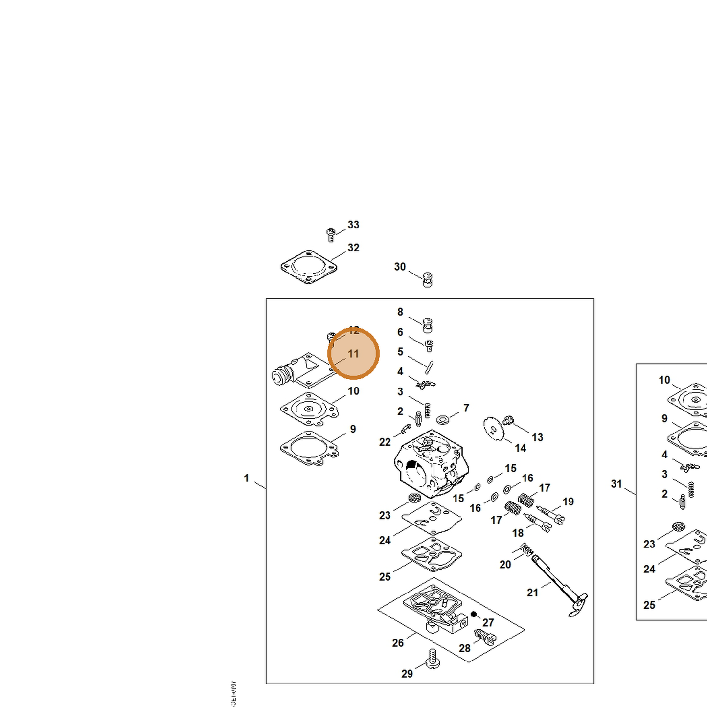 STIHL part 1121-121-0810 — IPL diagram snippet (6x zoom, amber highlight)
