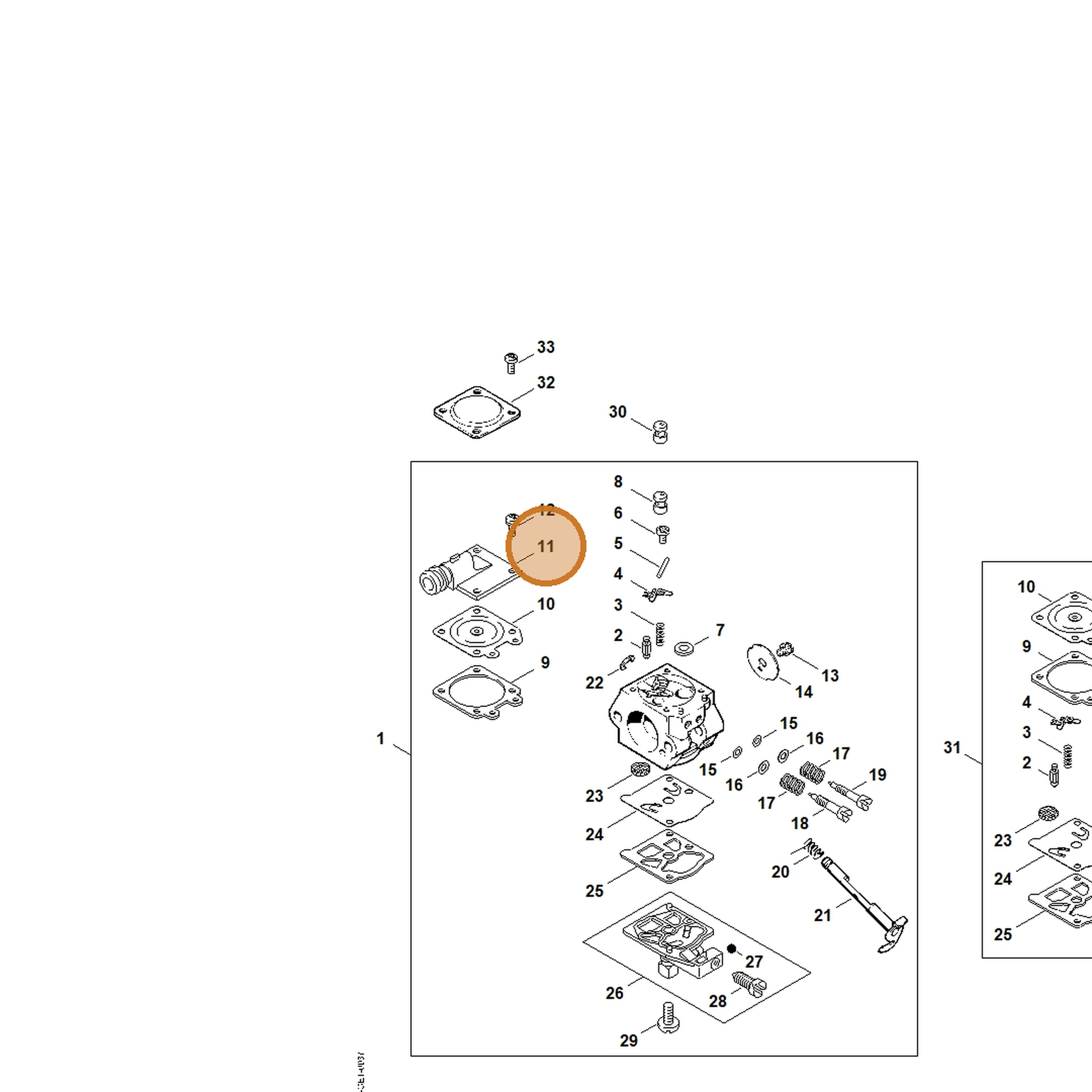 STIHL part 1121-121-0810 — IPL diagram snippet (6x zoom, amber highlight)