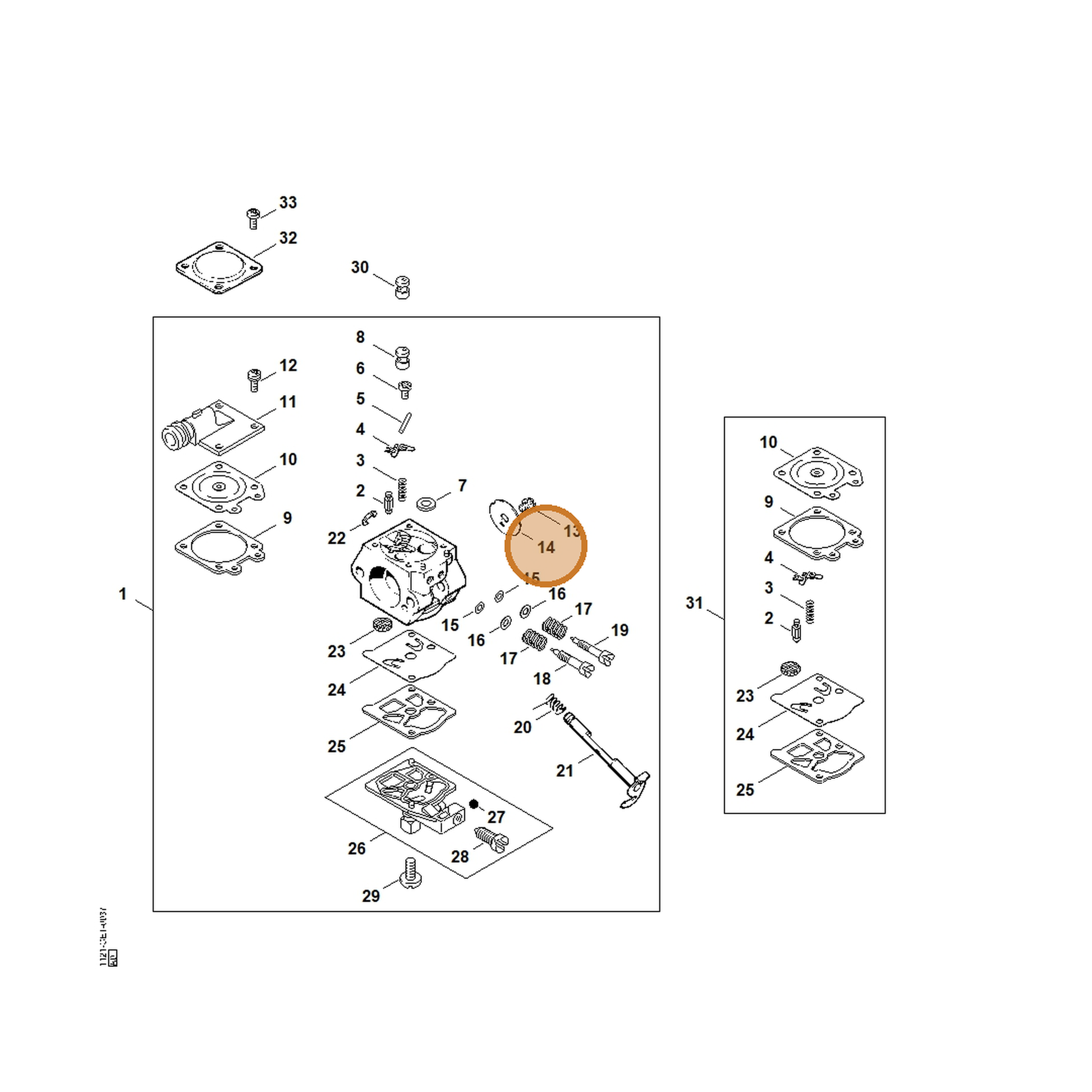 STIHL part 1121-121-3301 — IPL diagram snippet (6x zoom, amber highlight)
