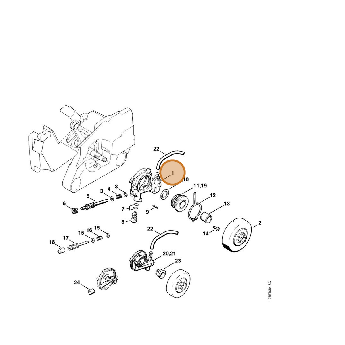 STIHL part 1121-640-3203 — IPL diagram snippet (6x zoom, amber highlight)