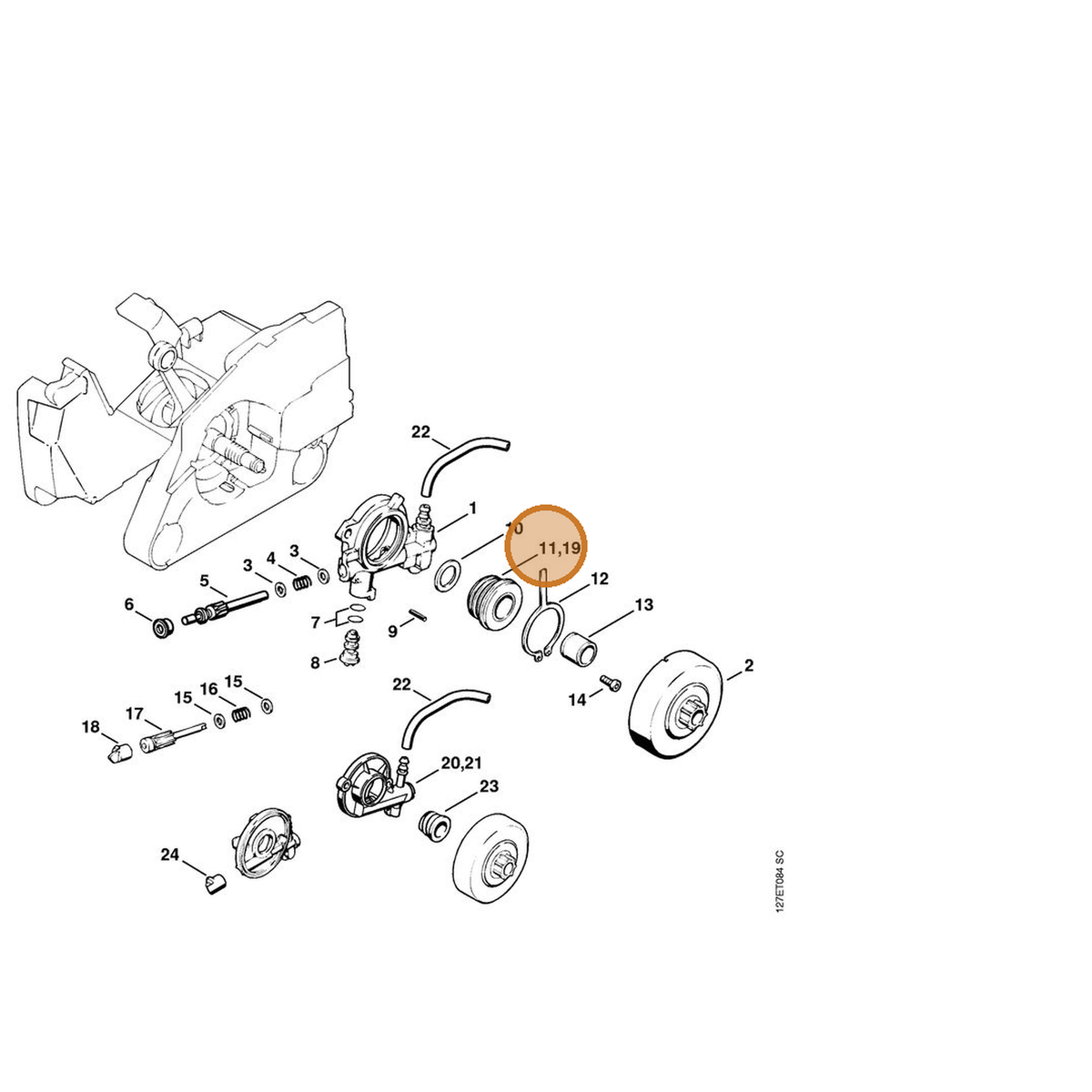 STIHL part 1121-640-7111 — IPL diagram snippet (6x zoom, amber highlight)