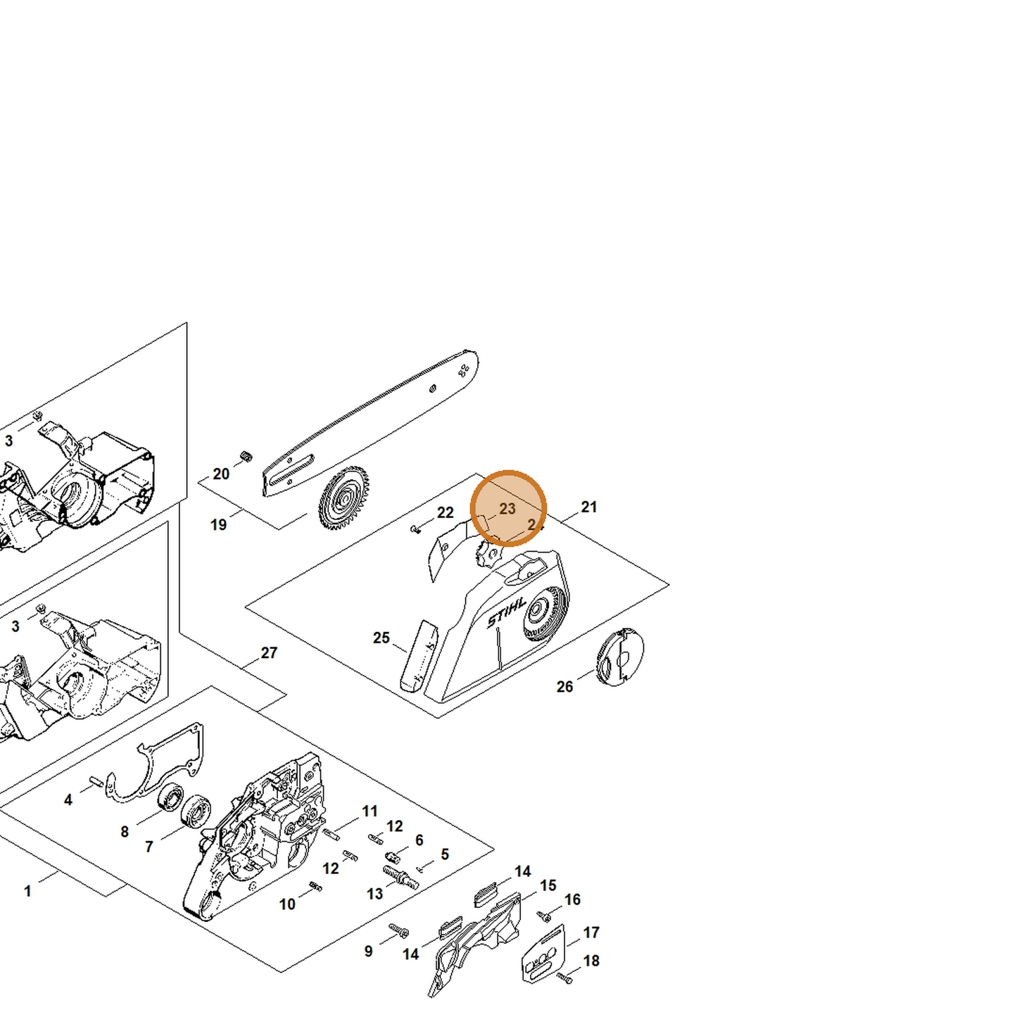 STIHL part 1121-648-3800 — IPL diagram snippet (6x zoom, amber highlight)