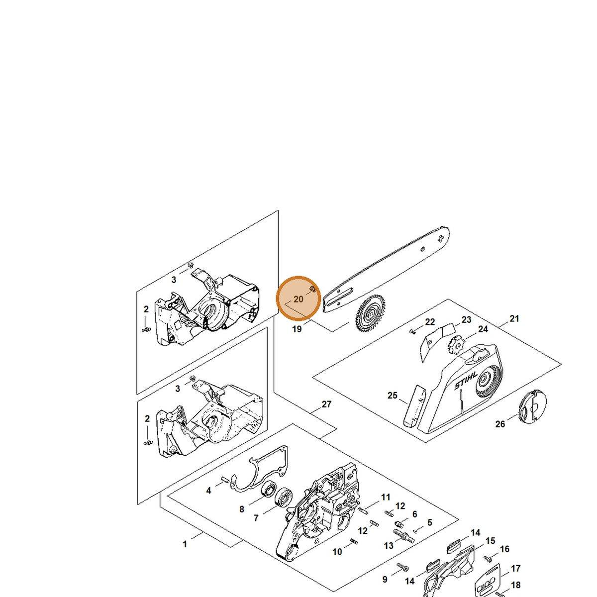 STIHL part 1121-664-7301 — IPL diagram snippet (6x zoom, amber highlight)
