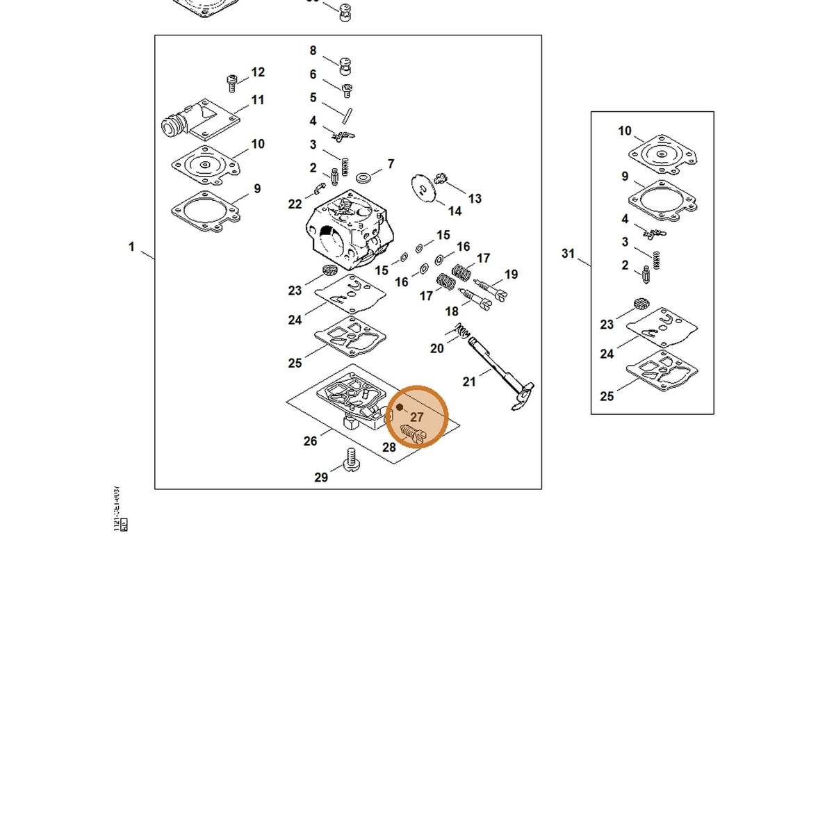 STIHL part 1122-121-7700 — IPL diagram snippet (6x zoom, amber highlight)