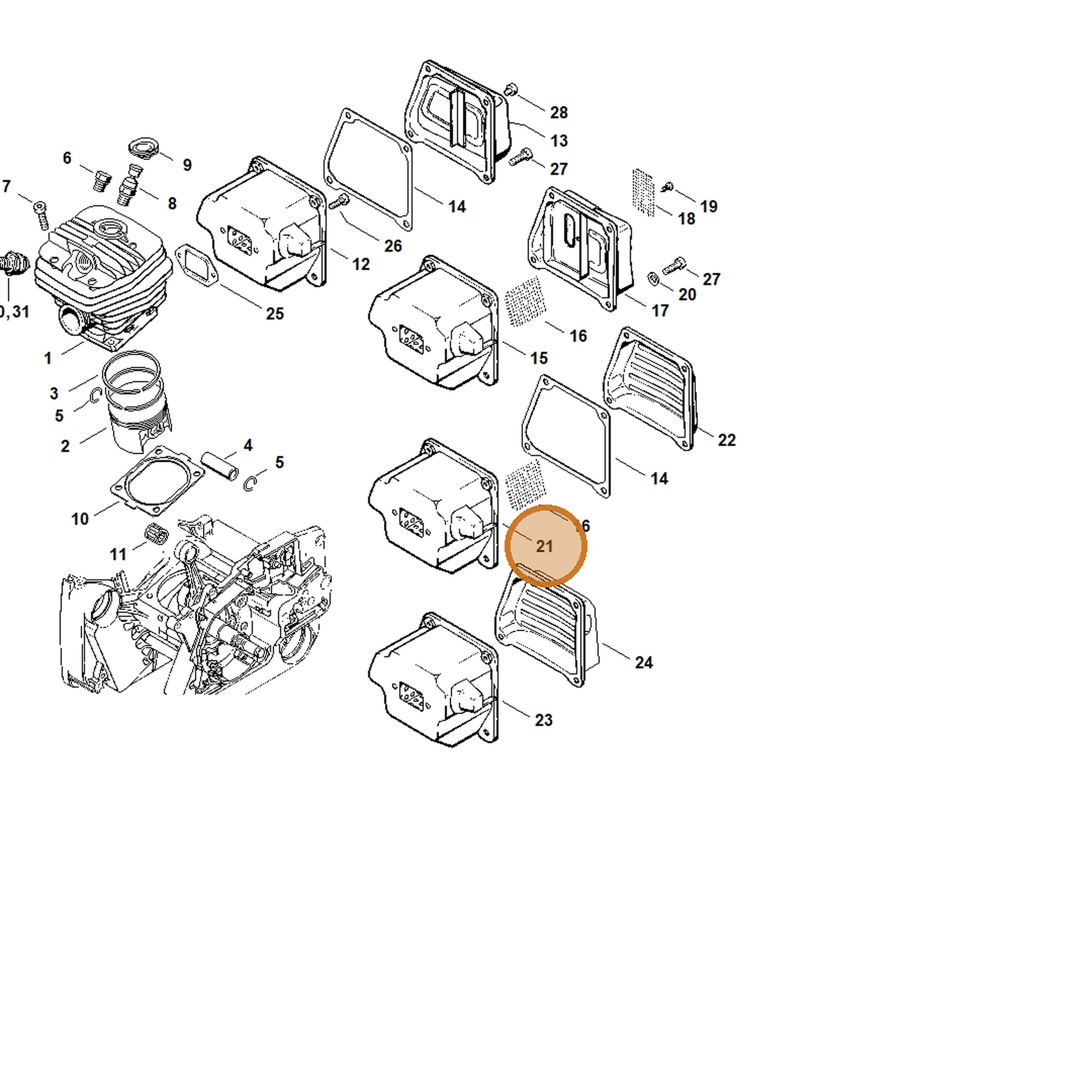 STIHL part 1122-140-0607 — IPL diagram snippet (6x zoom, amber highlight)