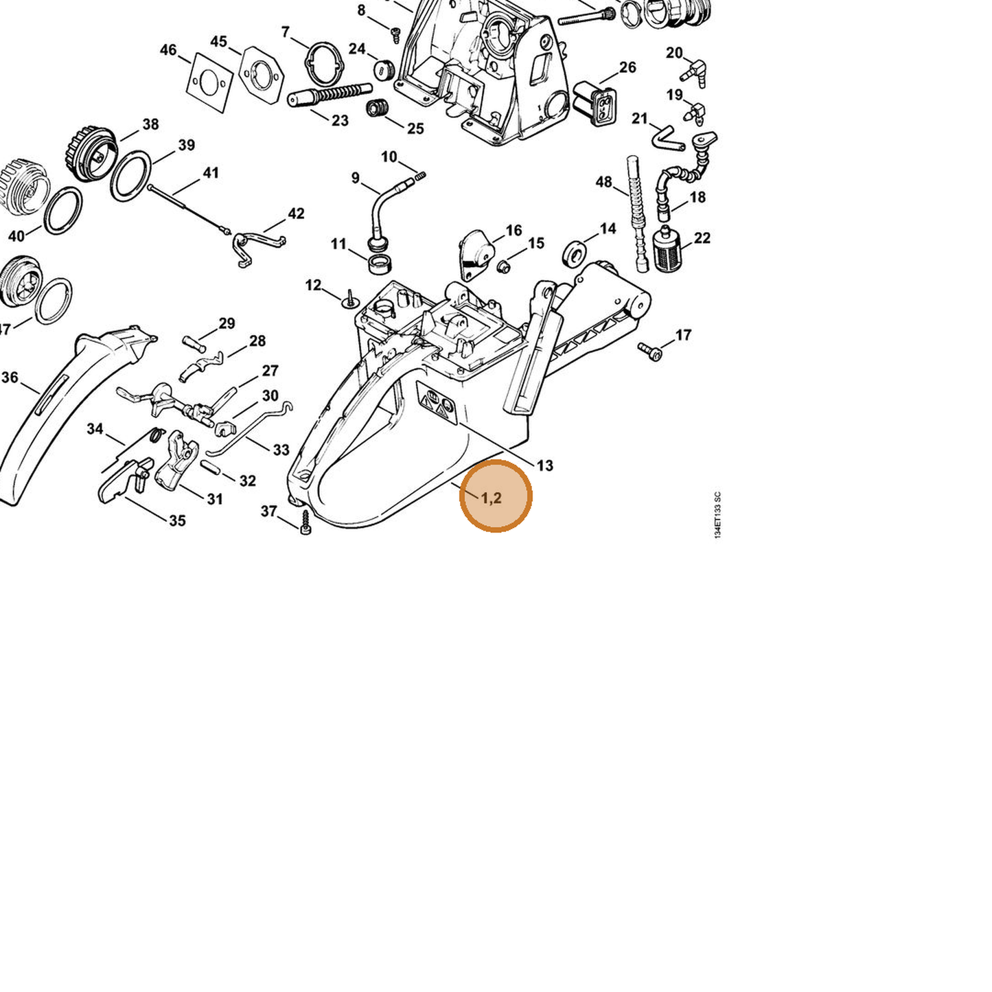 STIHL part 1122-350-0827 — IPL diagram snippet (6x zoom, amber highlight)