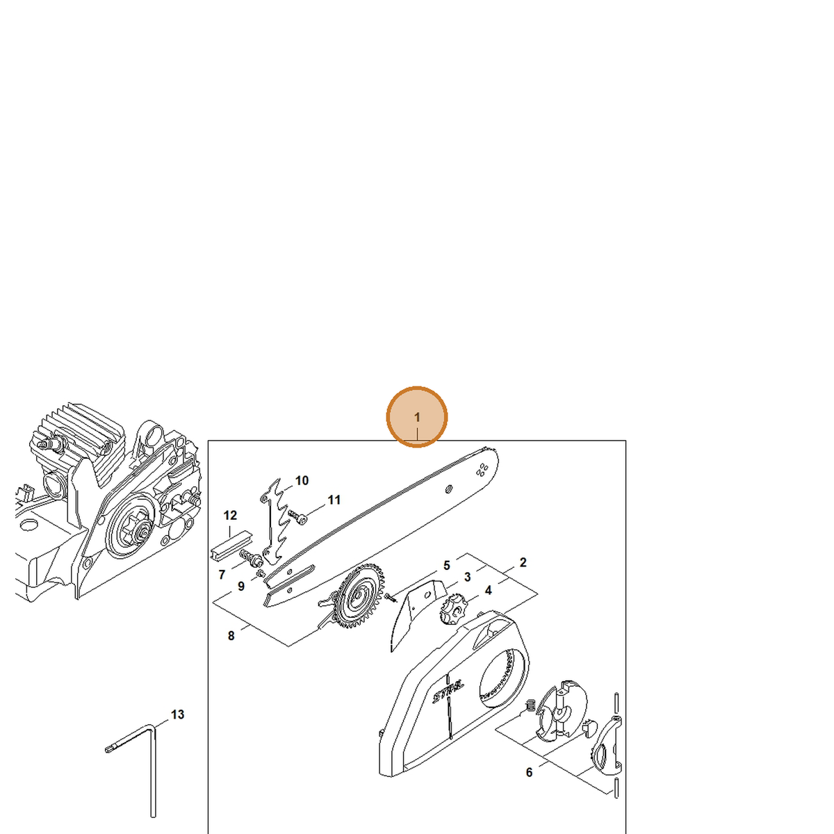 STIHL part 1123-007-1008 — IPL diagram snippet (6x zoom, amber highlight)