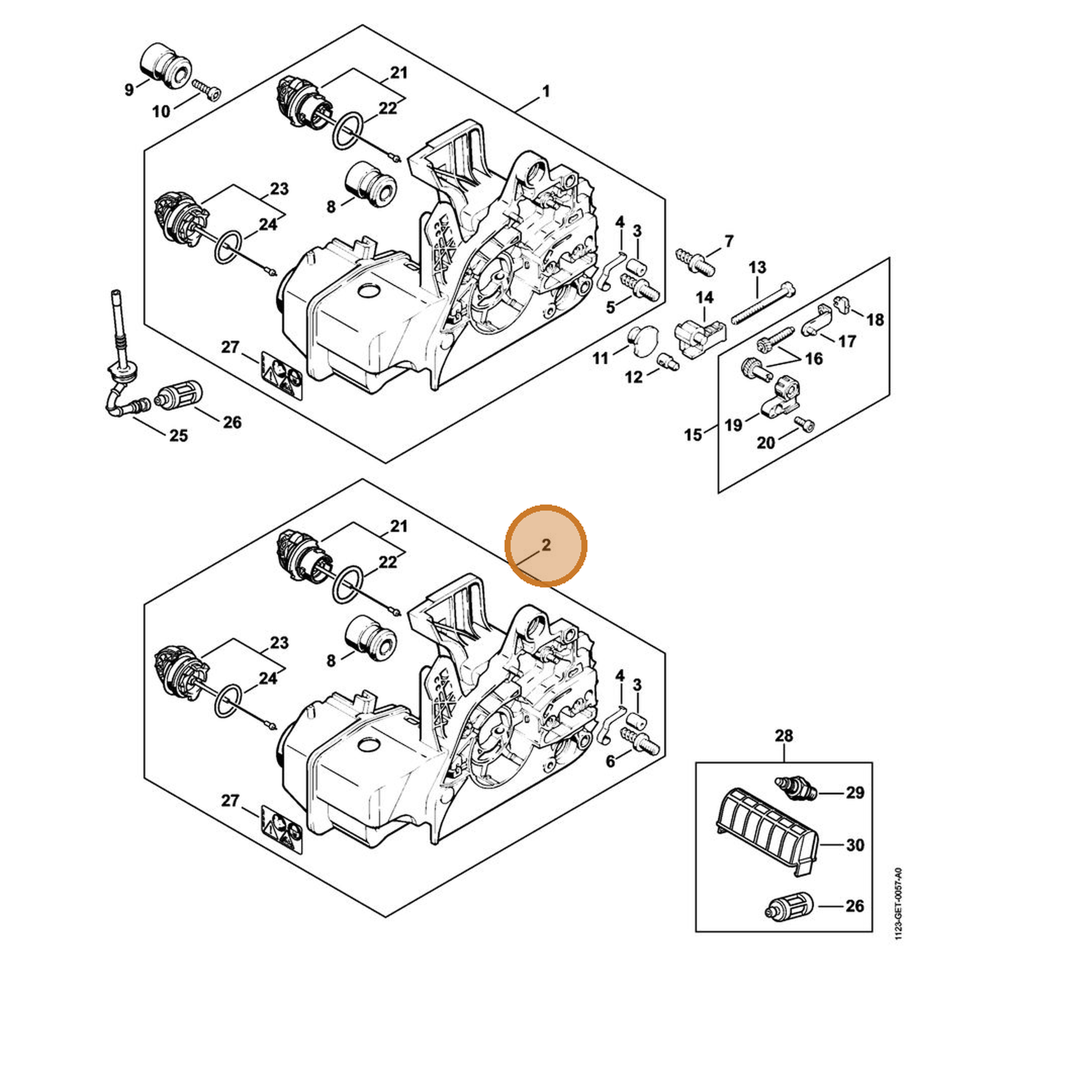 STIHL part 1123-020-3034 — IPL diagram snippet (6x zoom, amber highlight)