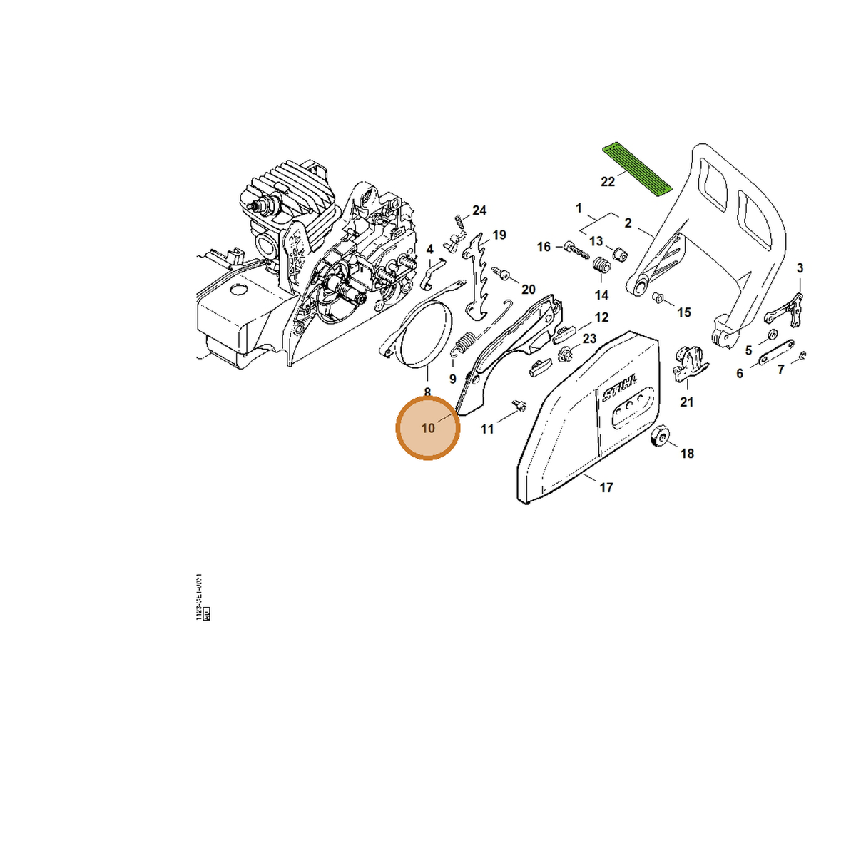 STIHL part 1123-021-1100 — IPL diagram snippet (6x zoom, amber highlight)