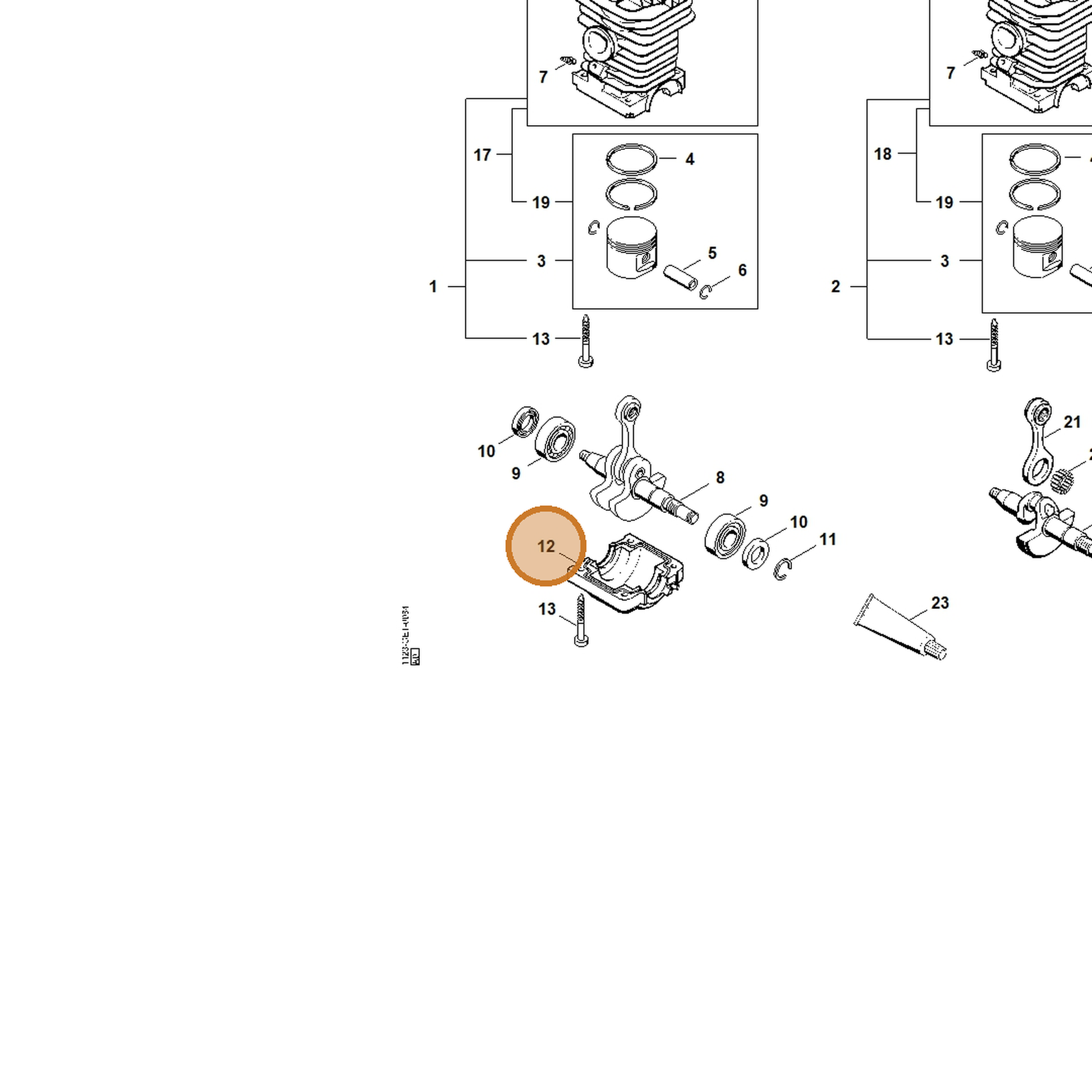 STIHL part 1123-021-2500 — IPL diagram snippet (6x zoom, amber highlight)