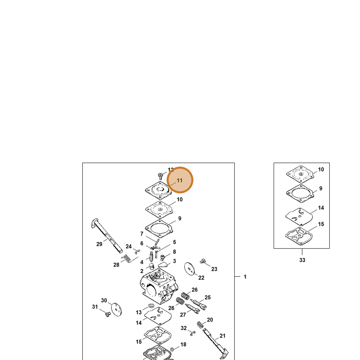STIHL part 1123-121-0801 — IPL diagram snippet (6x zoom, amber highlight)
