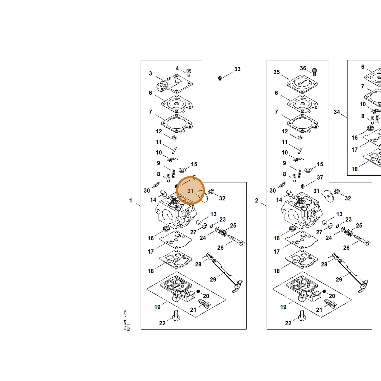 STIHL part 1123-121-3301 — IPL diagram snippet (6x zoom, amber highlight)