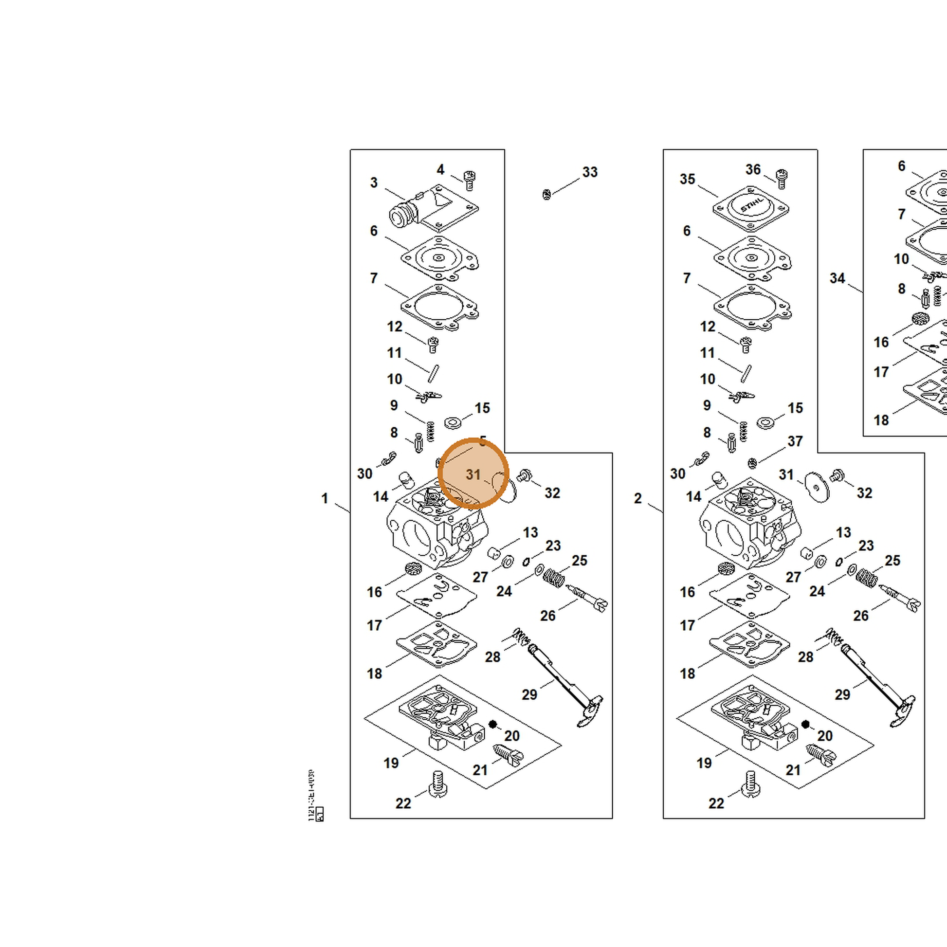 STIHL part 1123-121-3301 — IPL diagram snippet (6x zoom, amber highlight)