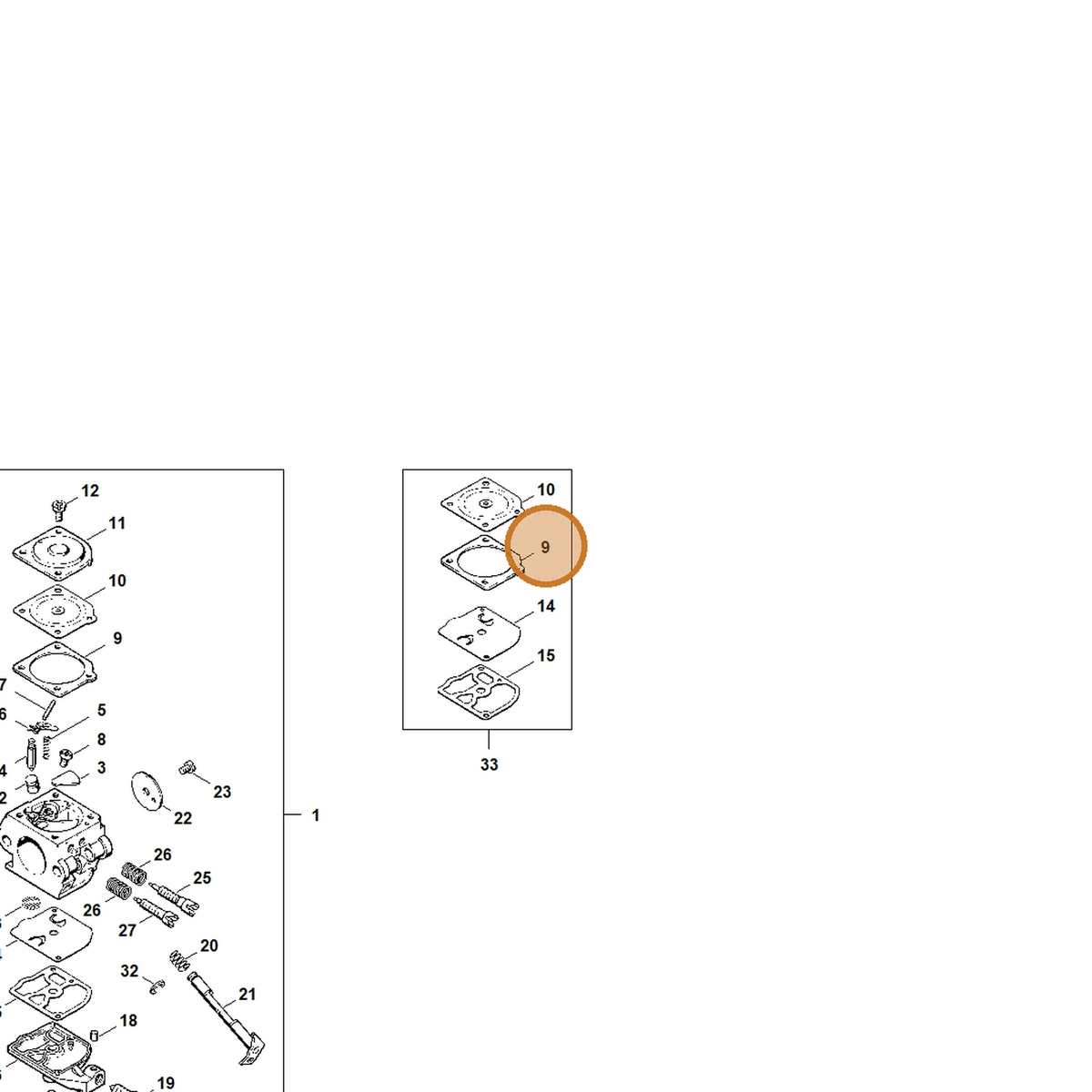STIHL part 1123-129-0901 — IPL diagram snippet (6x zoom, amber highlight)