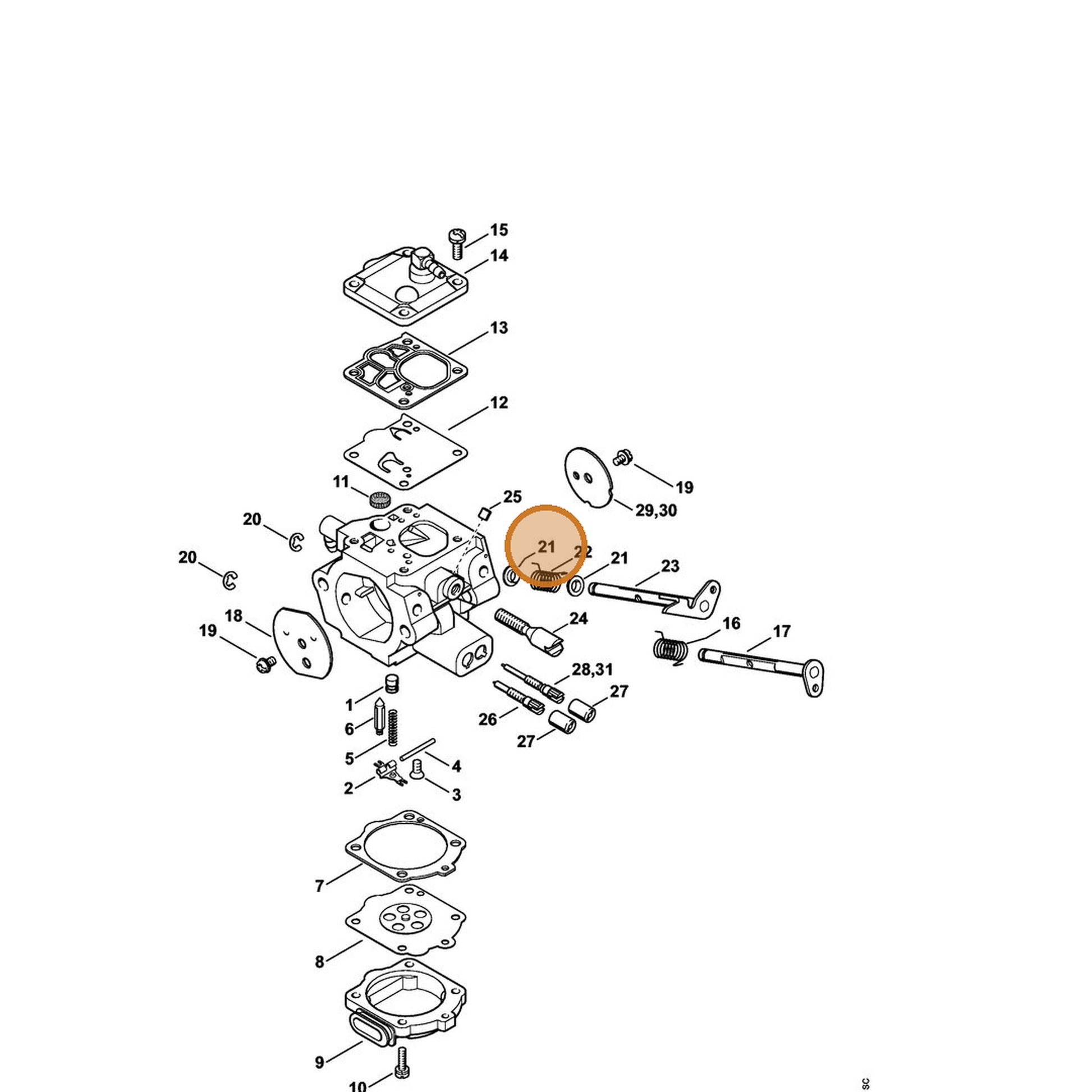 STIHL part 1124-121-8700 — IPL diagram snippet (6x zoom, amber highlight)