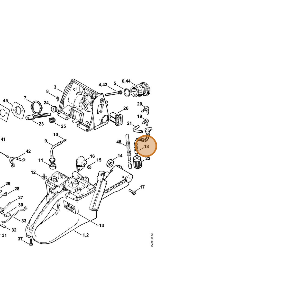 STIHL part 1124-358-7700 — IPL diagram snippet (6x zoom, amber highlight)