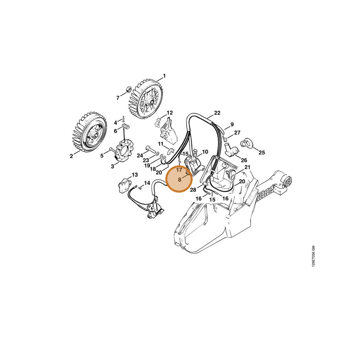 STIHL part 1124-400-1308 — IPL diagram snippet (6x zoom, amber highlight)