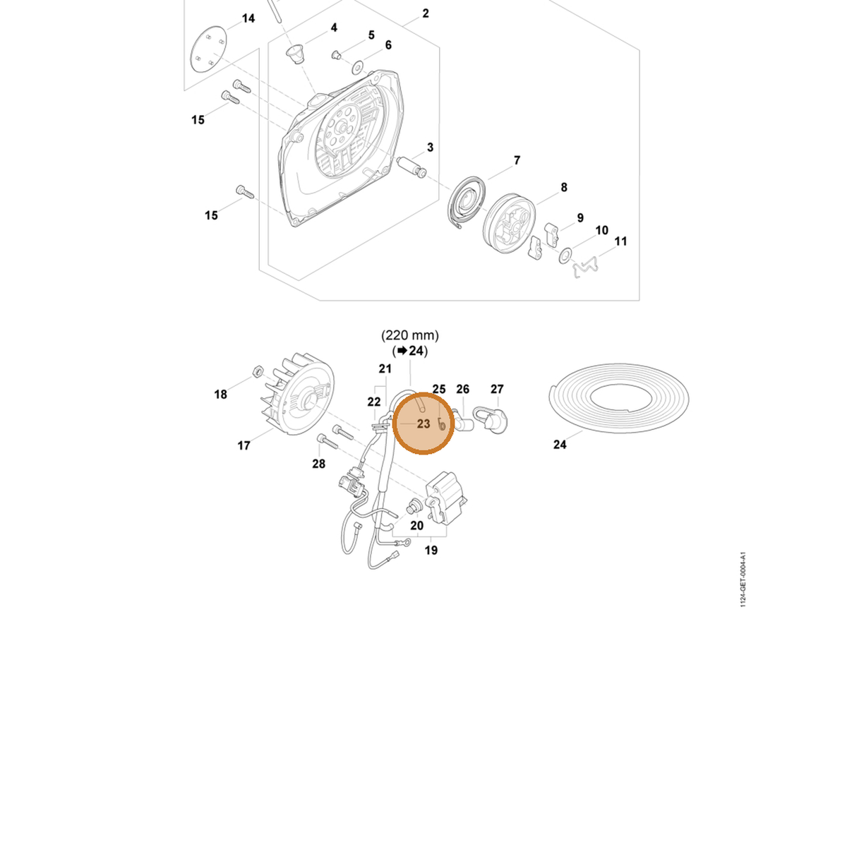 STIHL part 1124-405-8002 — IPL diagram snippet (6x zoom, amber highlight)