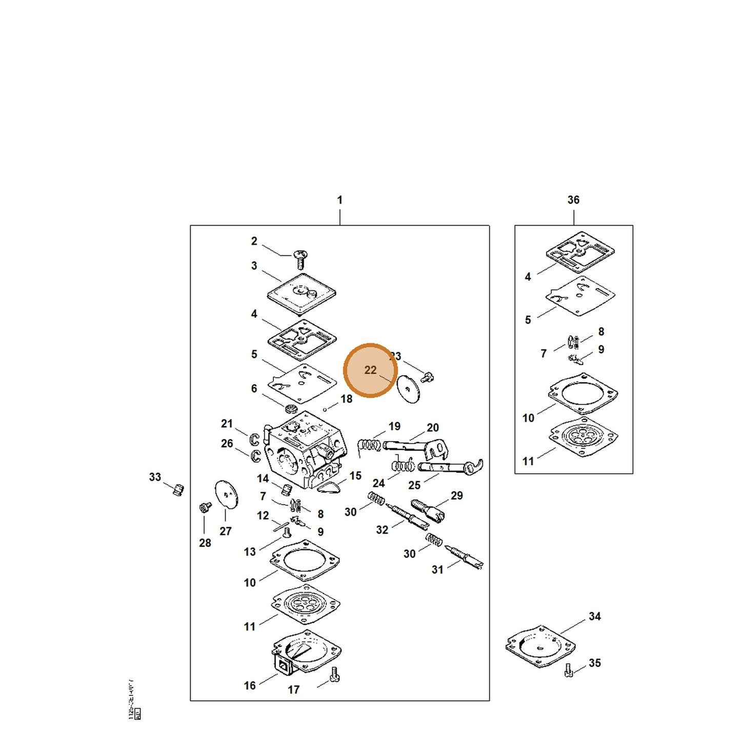 STIHL part 1125-121-3301 — IPL diagram snippet (6x zoom, amber highlight)