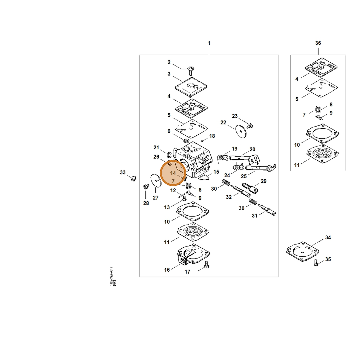 STIHL part 1125-121-5408 — IPL diagram snippet (6x zoom, amber highlight)