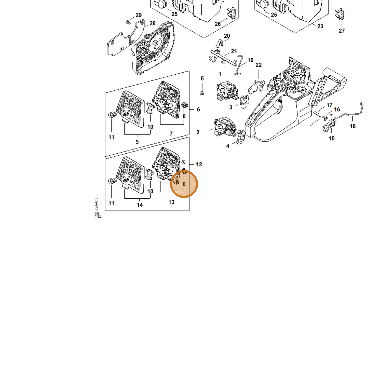 STIHL part 1125-121-9100 — IPL diagram snippet (6x zoom, amber highlight)