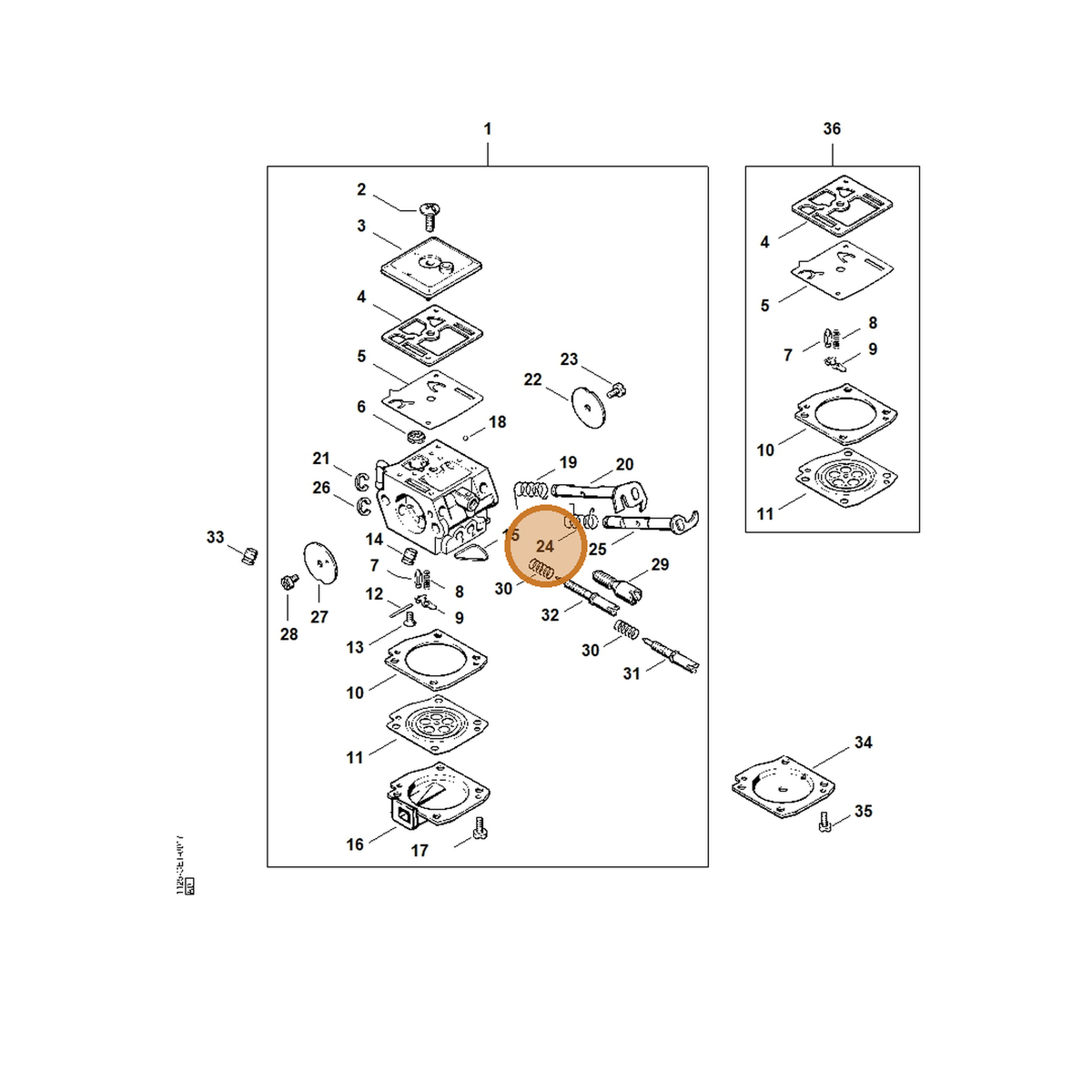 STIHL part 1125-122-3203 — IPL diagram snippet (6x zoom, amber highlight)