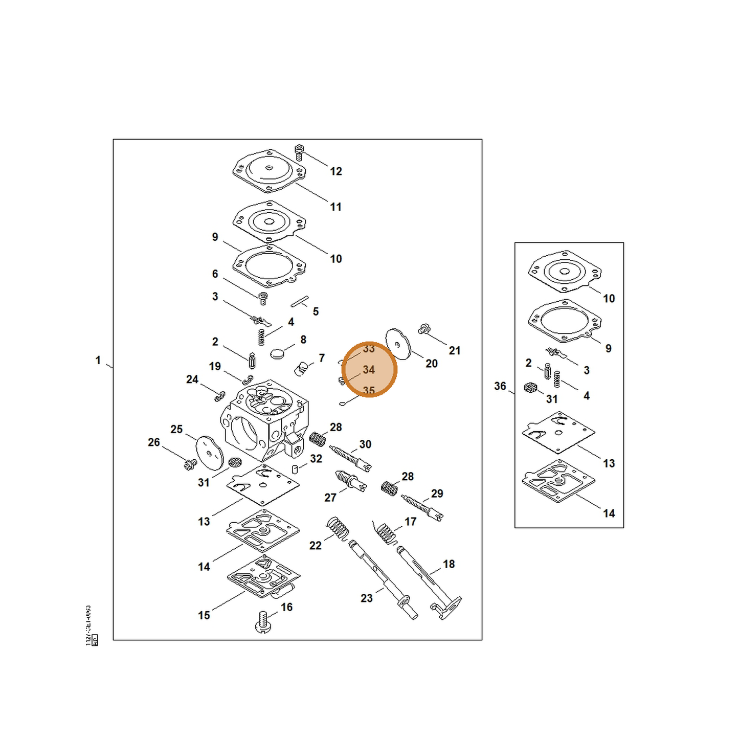 STIHL part 1127-121-5600 — IPL diagram snippet (6x zoom, amber highlight)
