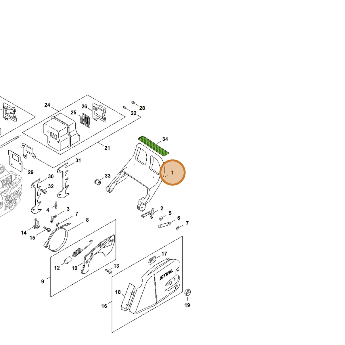 STIHL part 1127-792-9100 — IPL diagram snippet (6x zoom, amber highlight)