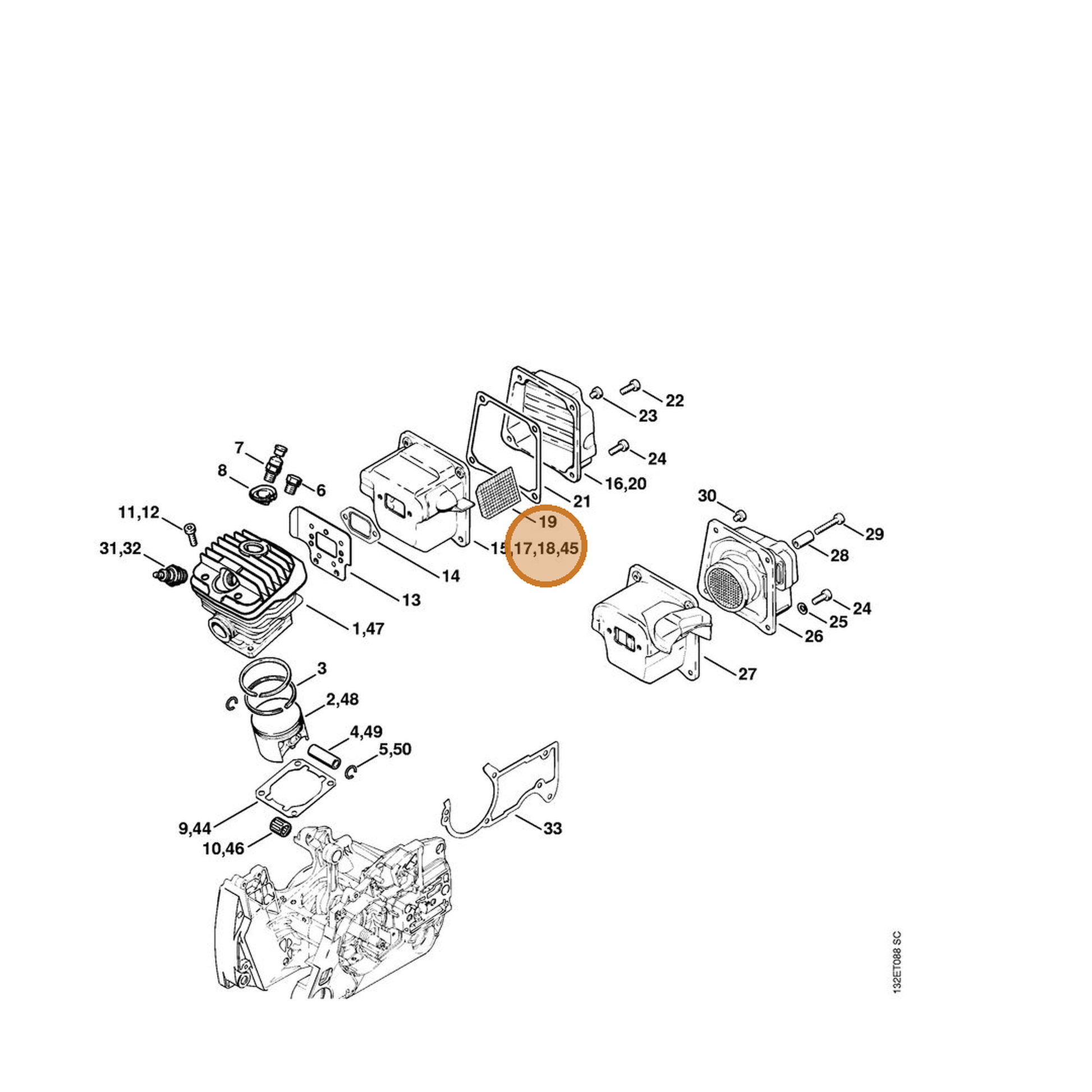 STIHL part 1128-140-0604 — IPL diagram snippet (6x zoom, amber highlight)