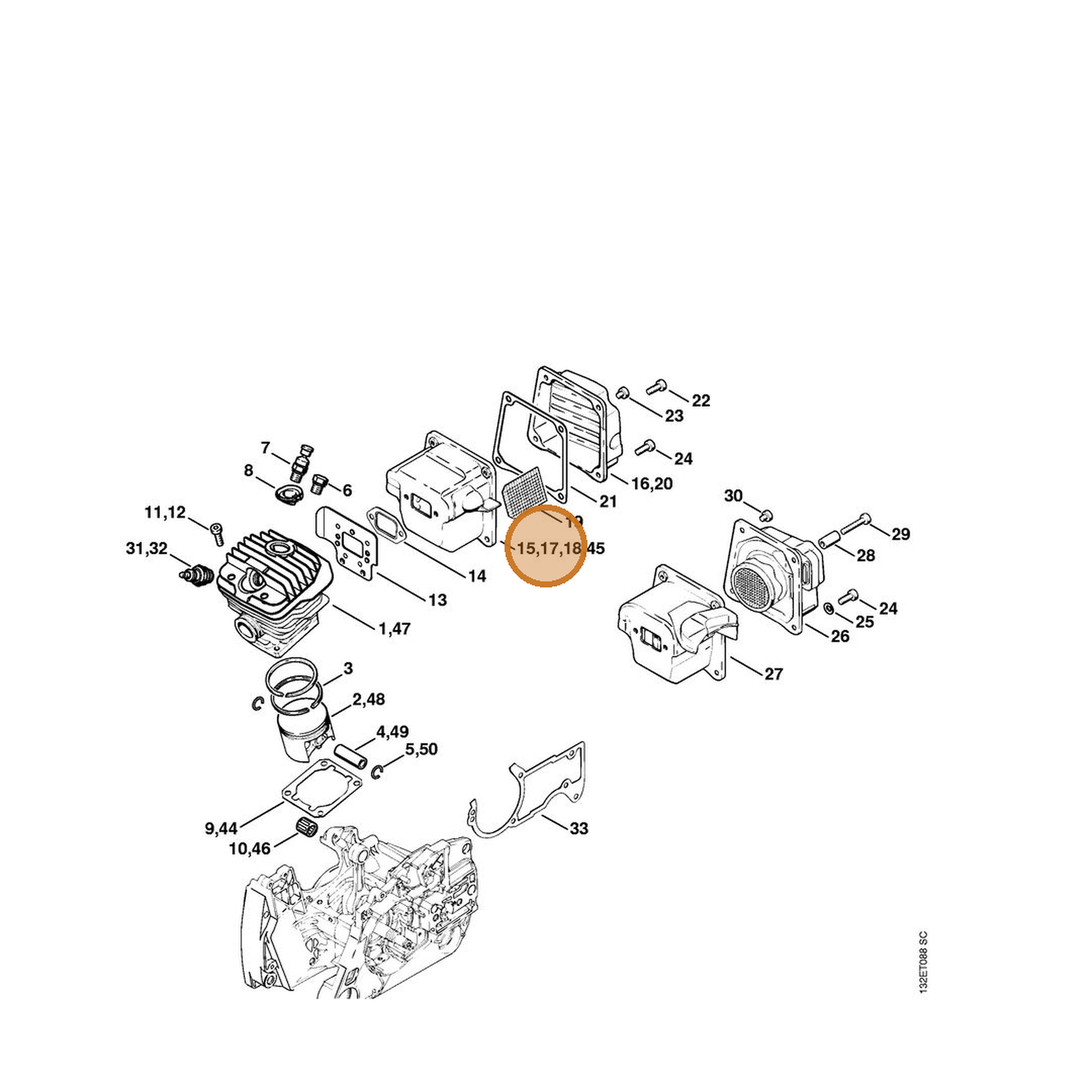 STIHL part 1128-140-0607 — IPL diagram snippet (6x zoom, amber highlight)
