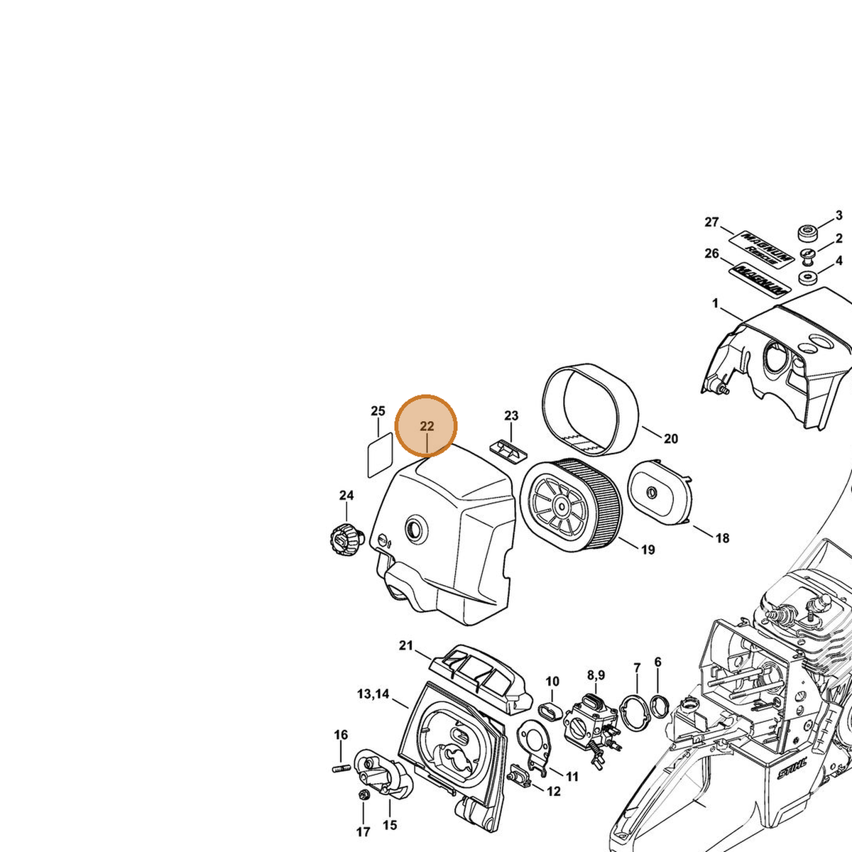 STIHL part 1128-140-1009 — IPL diagram snippet (6x zoom, amber highlight)