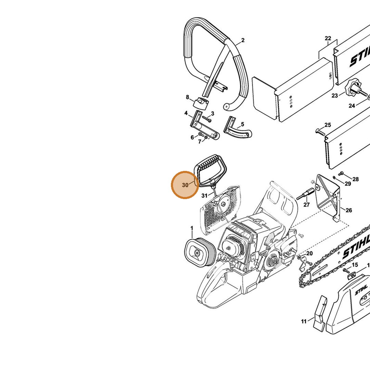 STIHL part 1128-195-3401 — IPL diagram snippet (6x zoom, amber highlight)