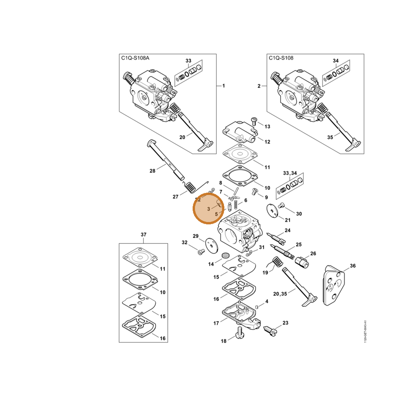STIHL part 1129-121-5406 — IPL diagram snippet (6x zoom, amber highlight)