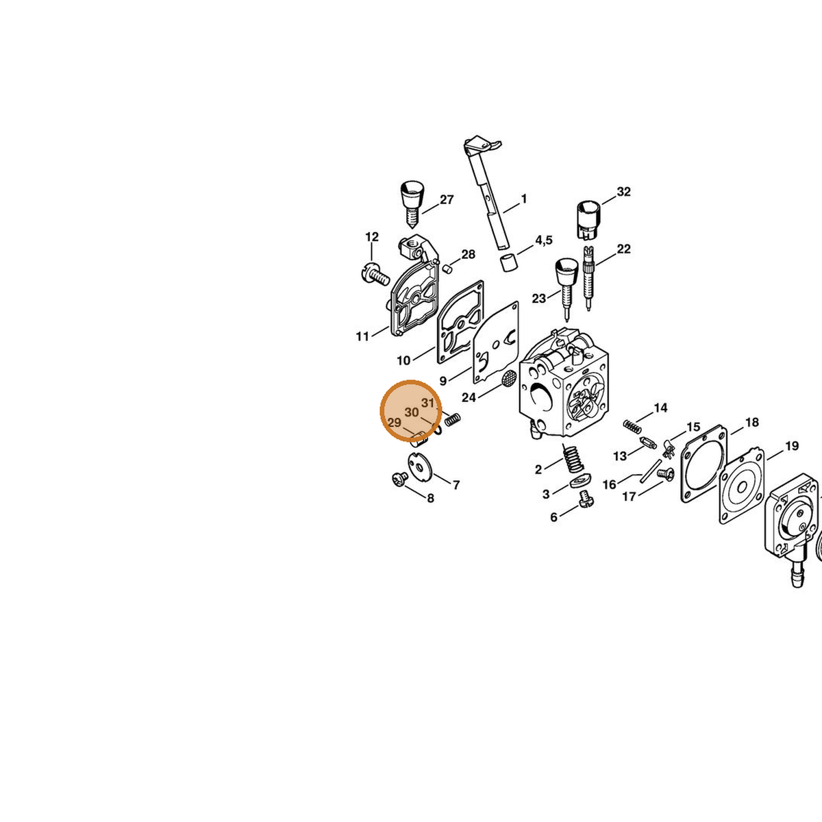 STIHL part 1129-122-3600 — IPL diagram snippet (6x zoom, amber highlight)
