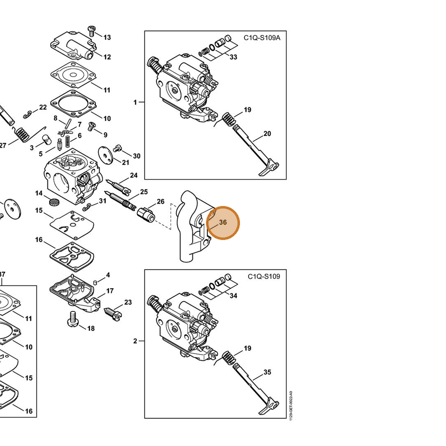 STIHL part 1129-123-7507 — IPL diagram snippet (6x zoom, amber highlight)