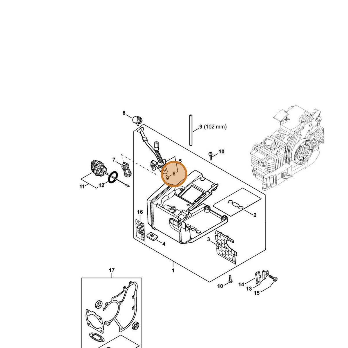 STIHL part 1129-358-1902 — IPL diagram snippet (6x zoom, amber highlight)