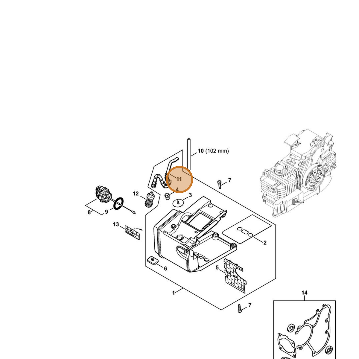 STIHL part 1129-358-7701 — IPL diagram snippet (6x zoom, amber highlight)