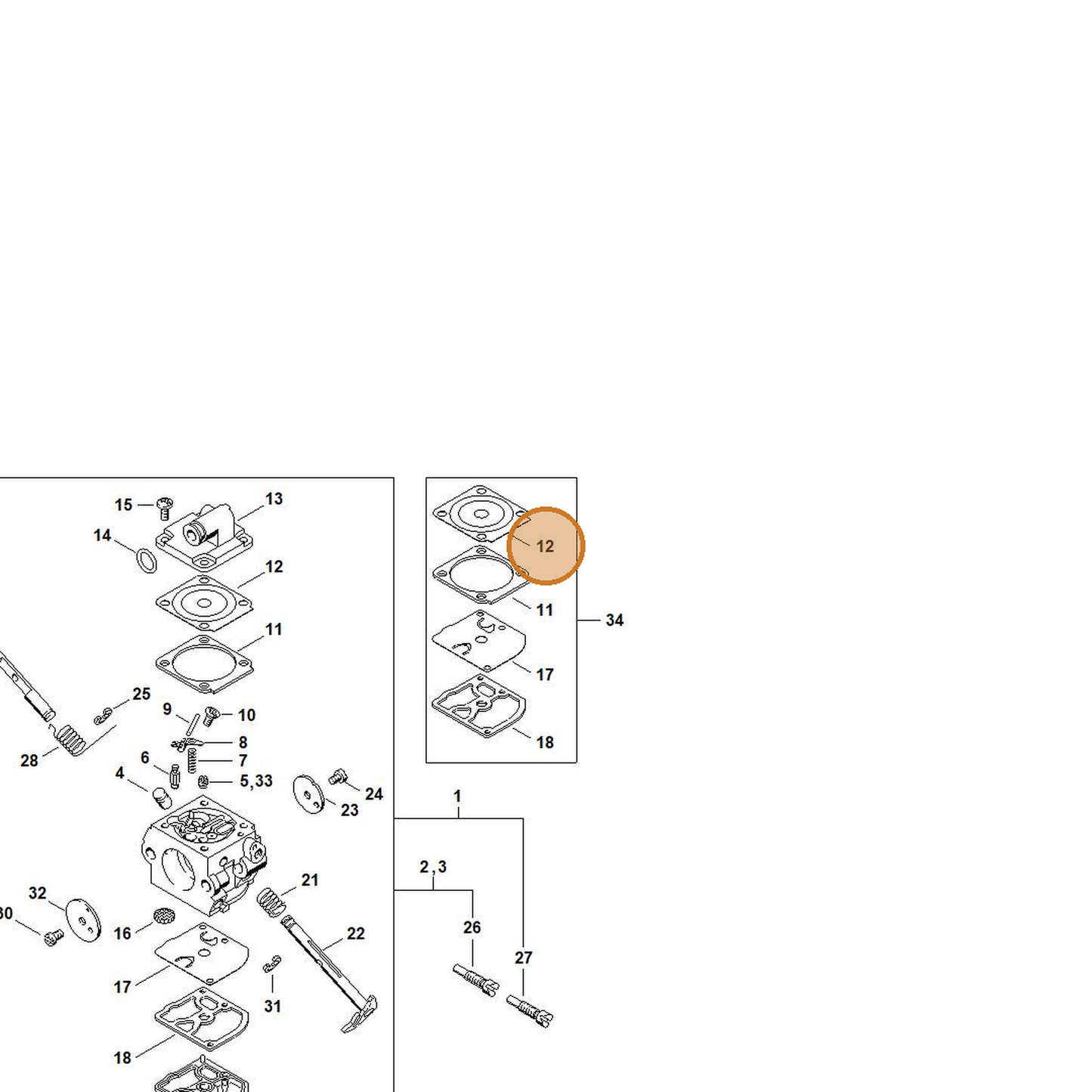 STIHL part 1130-121-0800 — IPL diagram snippet (6x zoom, amber highlight)