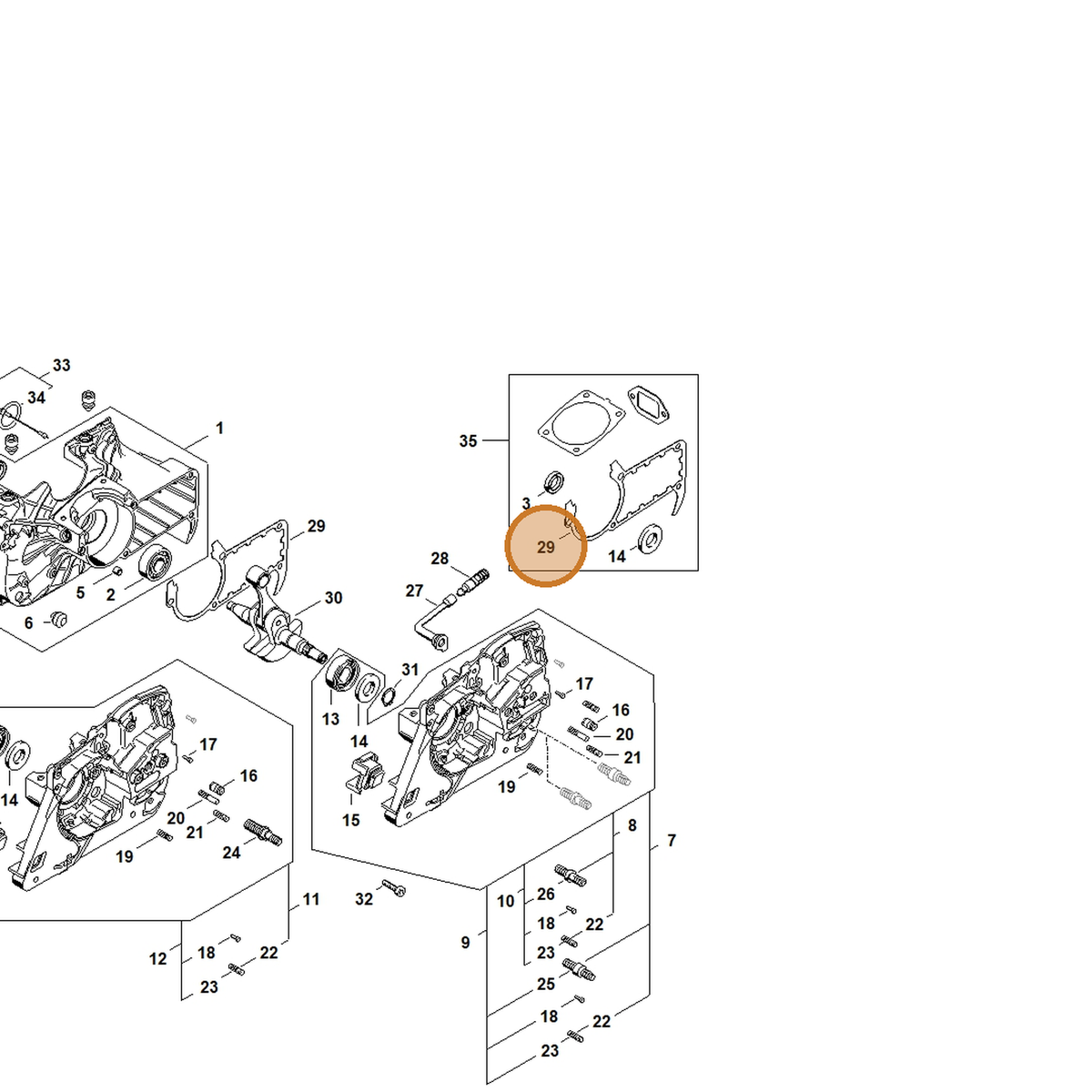 STIHL part 1135-029-0500 — IPL diagram snippet (6x zoom, amber highlight)