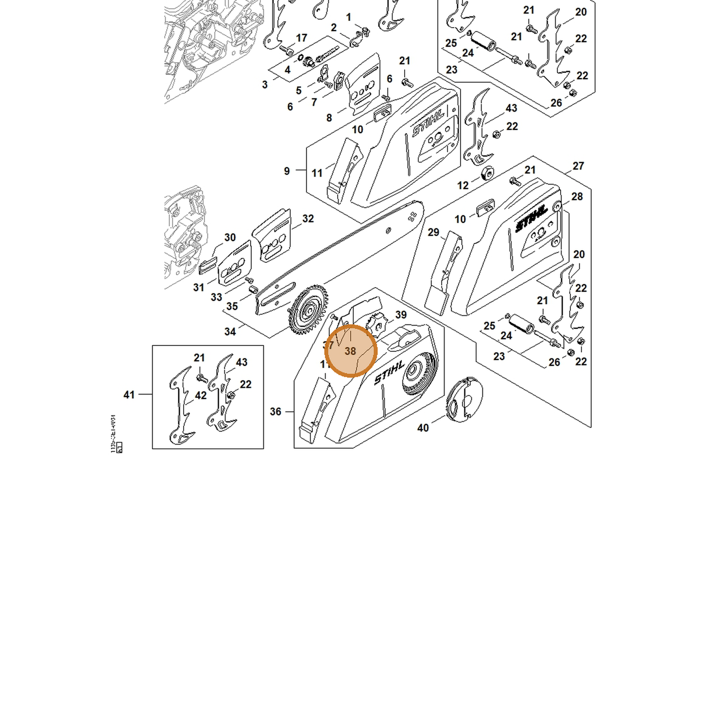 STIHL part 1135-648-3800 — IPL diagram snippet (6x zoom, amber highlight)