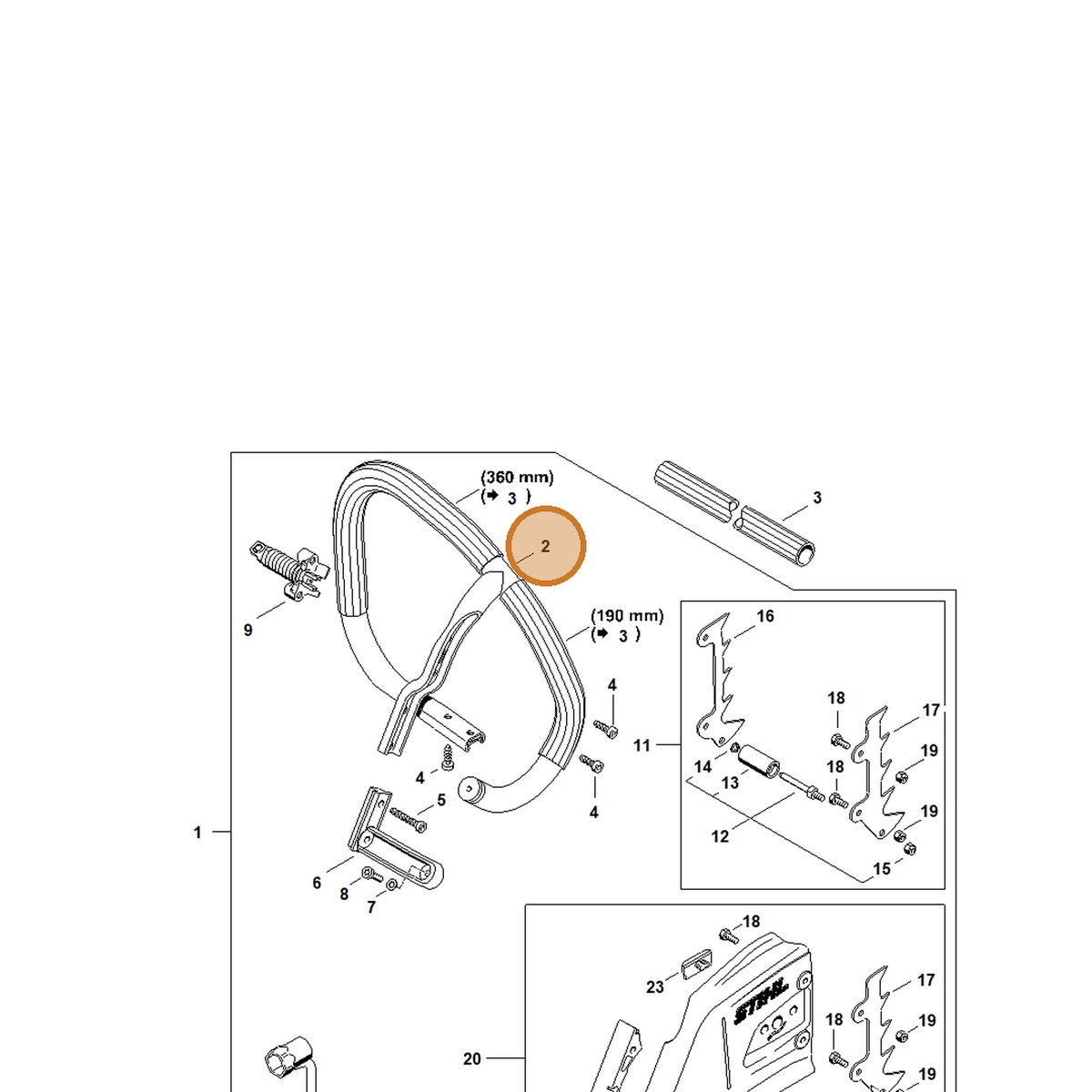 STIHL part 1135-790-3600 — IPL diagram snippet (6x zoom, amber highlight)