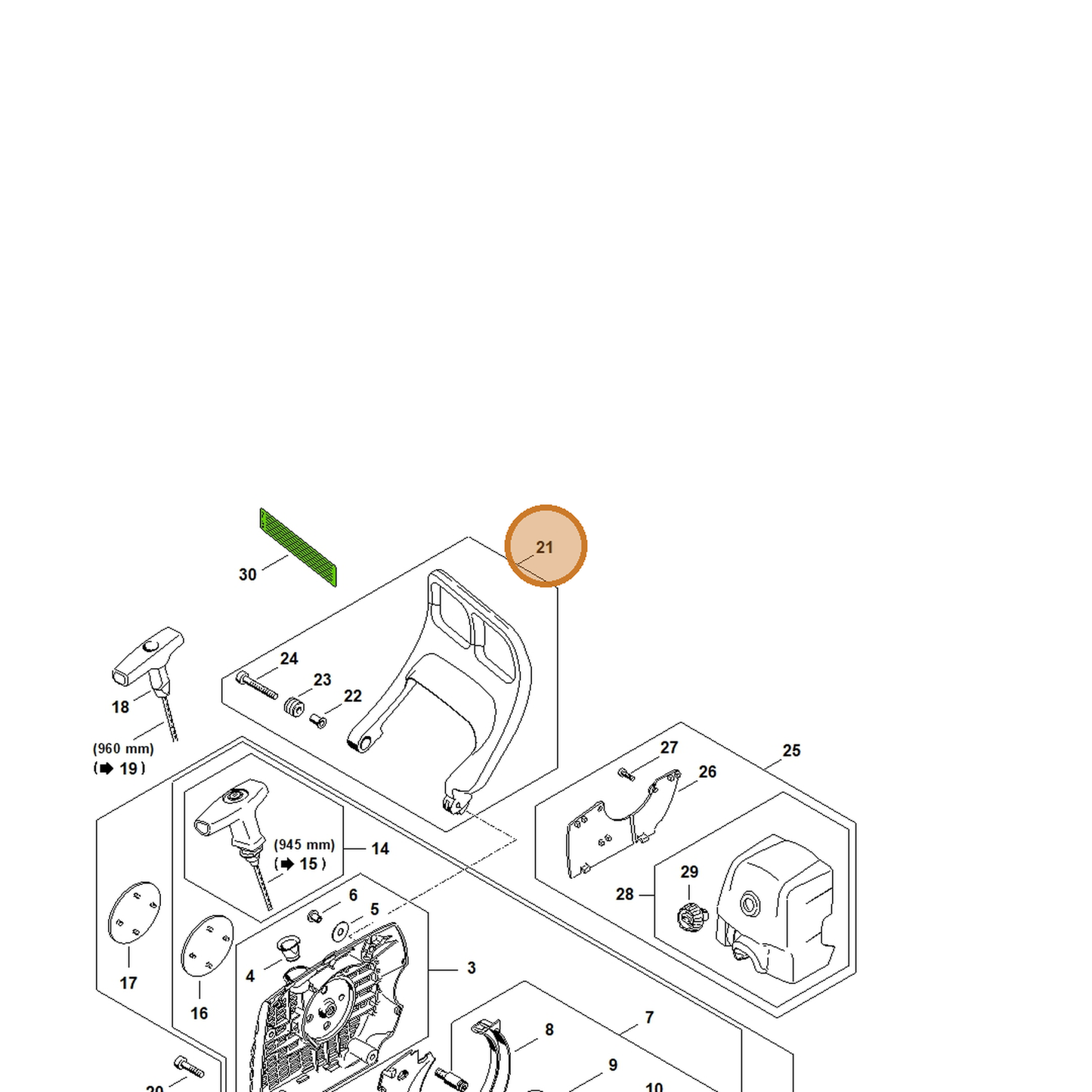 STIHL part 1135-790-9100 — IPL diagram snippet (6x zoom, amber highlight)