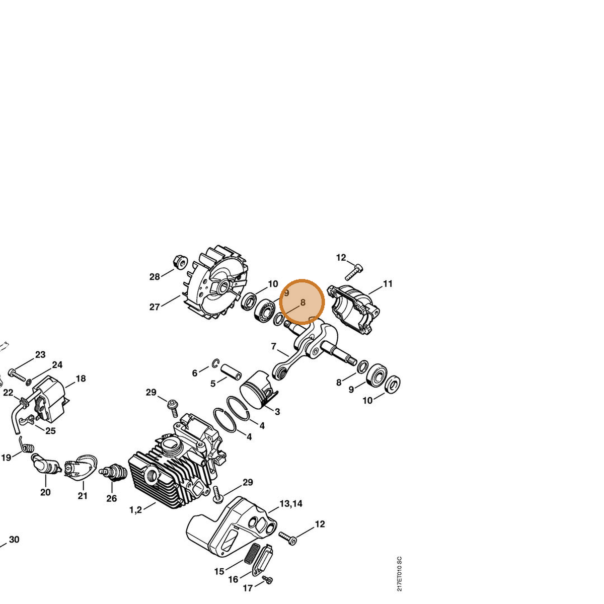 STIHL part 1137-036-0300 — IPL diagram snippet (6x zoom, amber highlight)