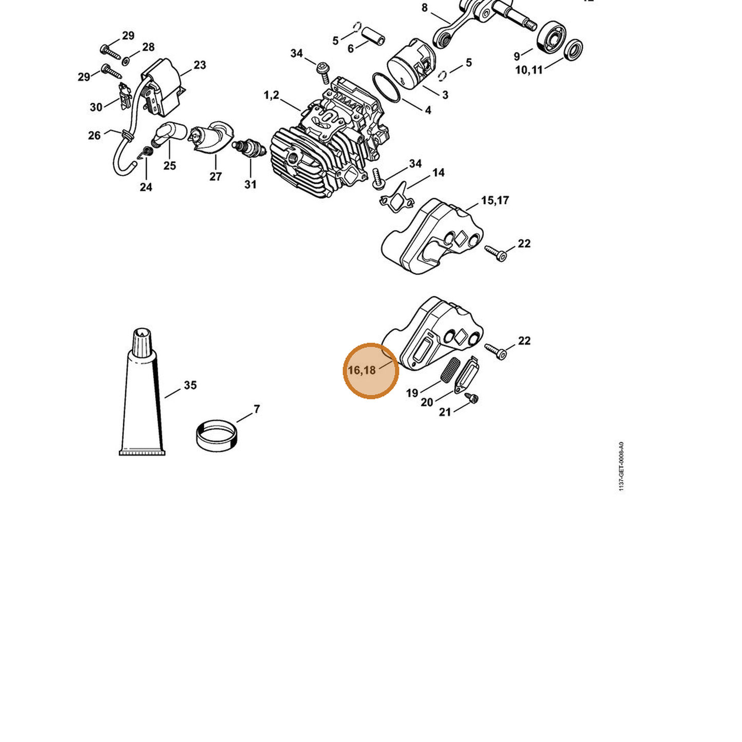 STIHL part 1137-140-0607 — IPL diagram snippet (6x zoom, amber highlight)
