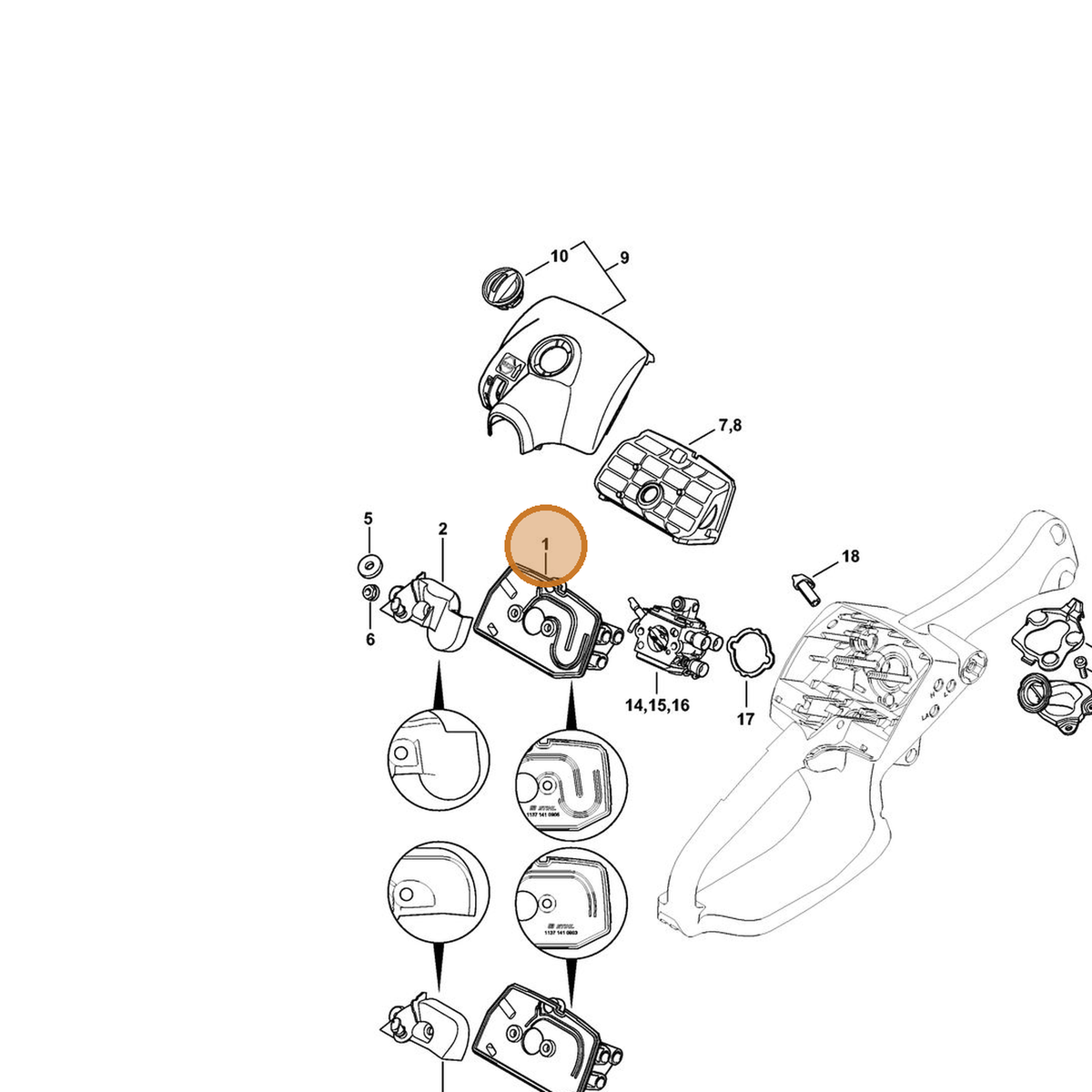 STIHL part 1137-141-0905 — IPL diagram snippet (6x zoom, amber highlight)
