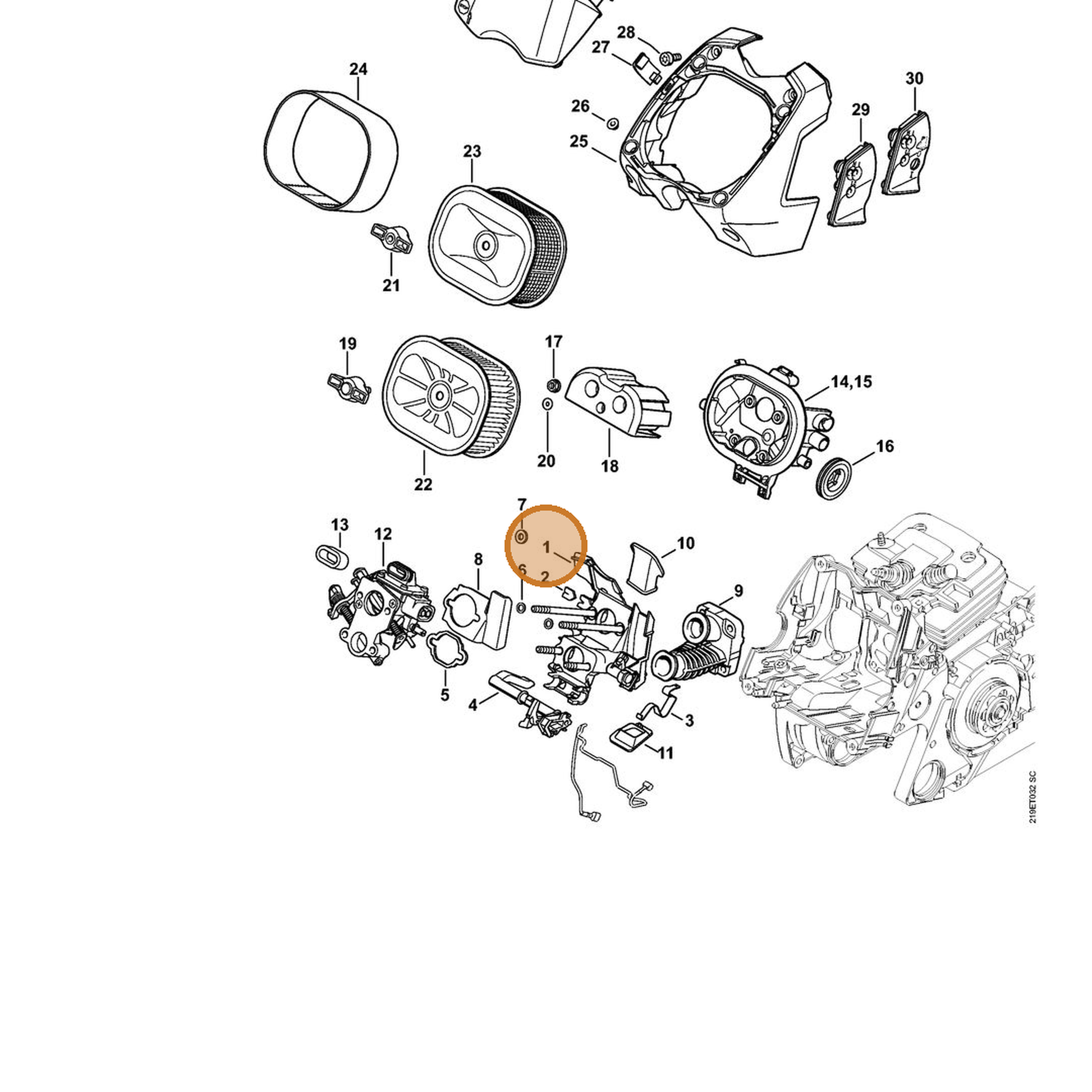 STIHL part 1138-120-0909 — IPL diagram snippet (6x zoom, amber highlight)